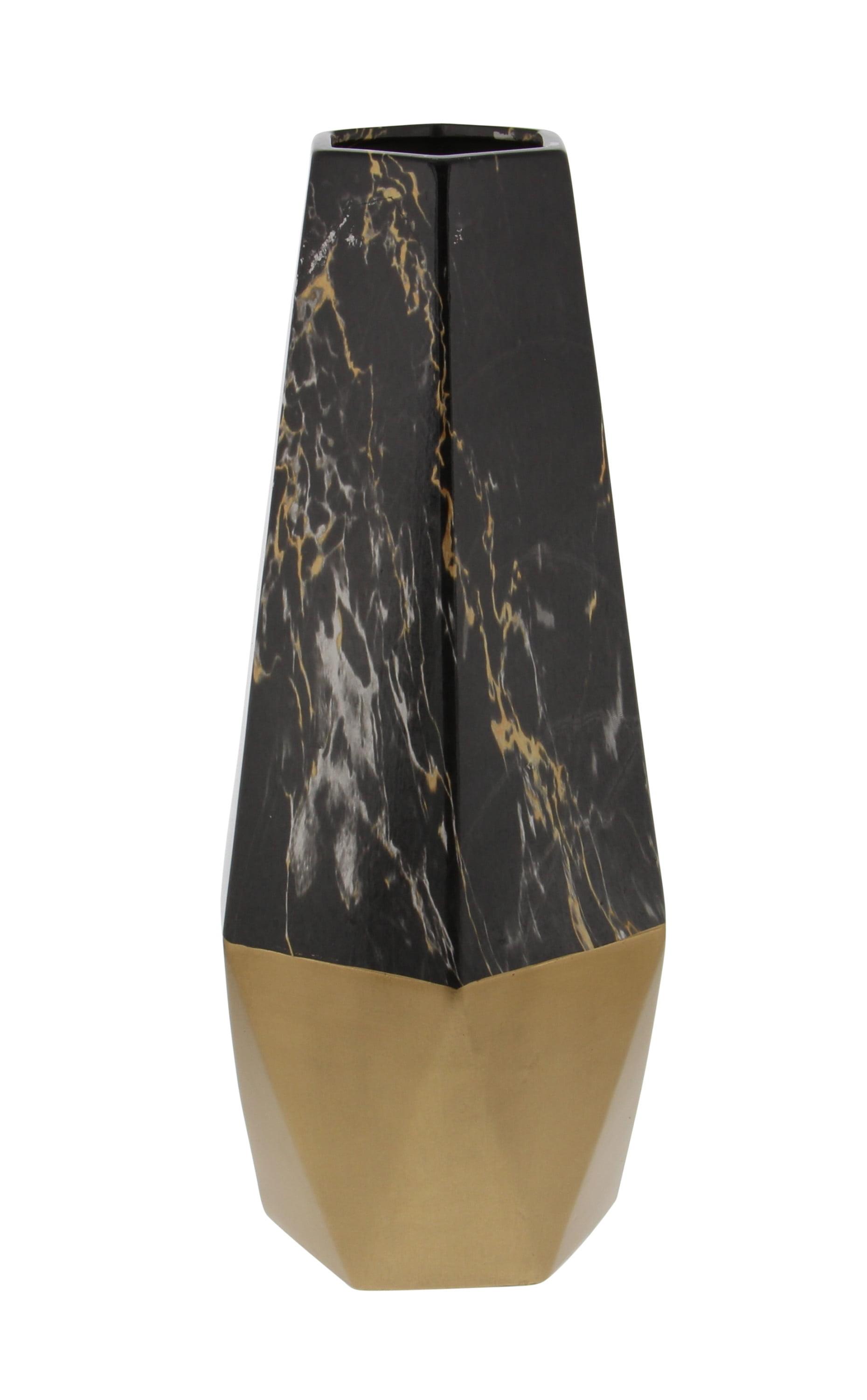Mercer41 Bhavya Ceramic Faux Marble Decorative Dark Gray Vase with Gold Base