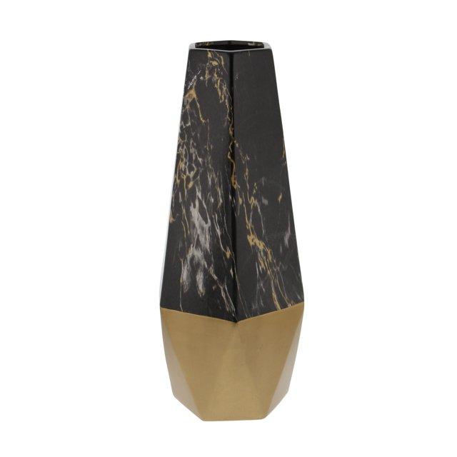 Mercer41 Bhavya Ceramic Faux Marble Decorative Dark Gray Vase with Gold Base