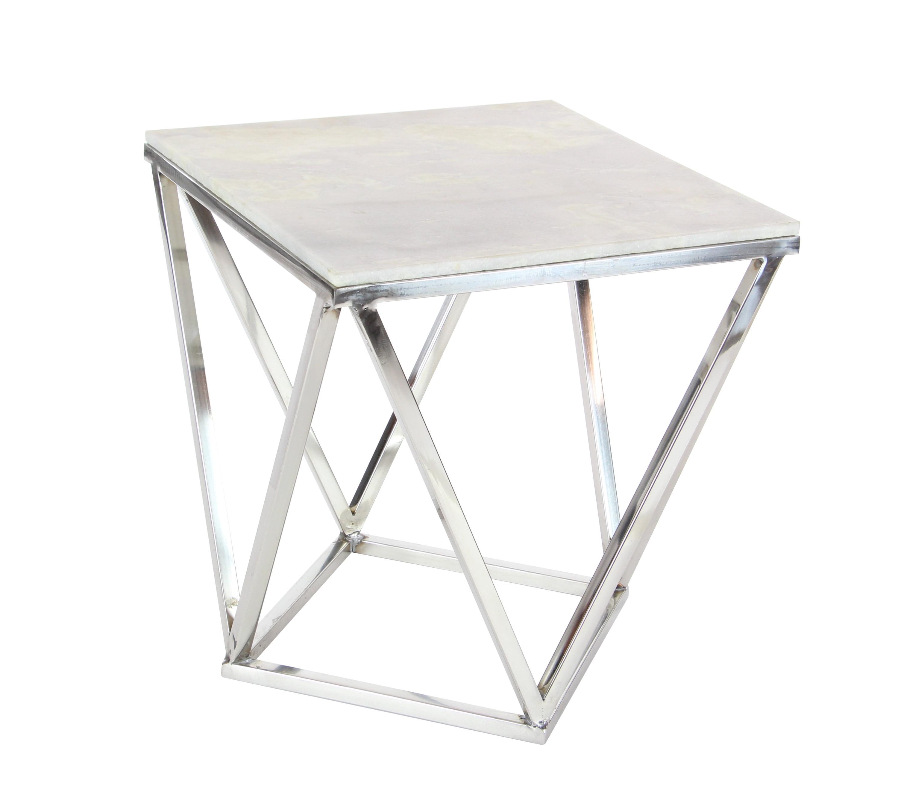 Elegant Silver Stainless Steel & Marble Square Accent Table - 18" x 21"