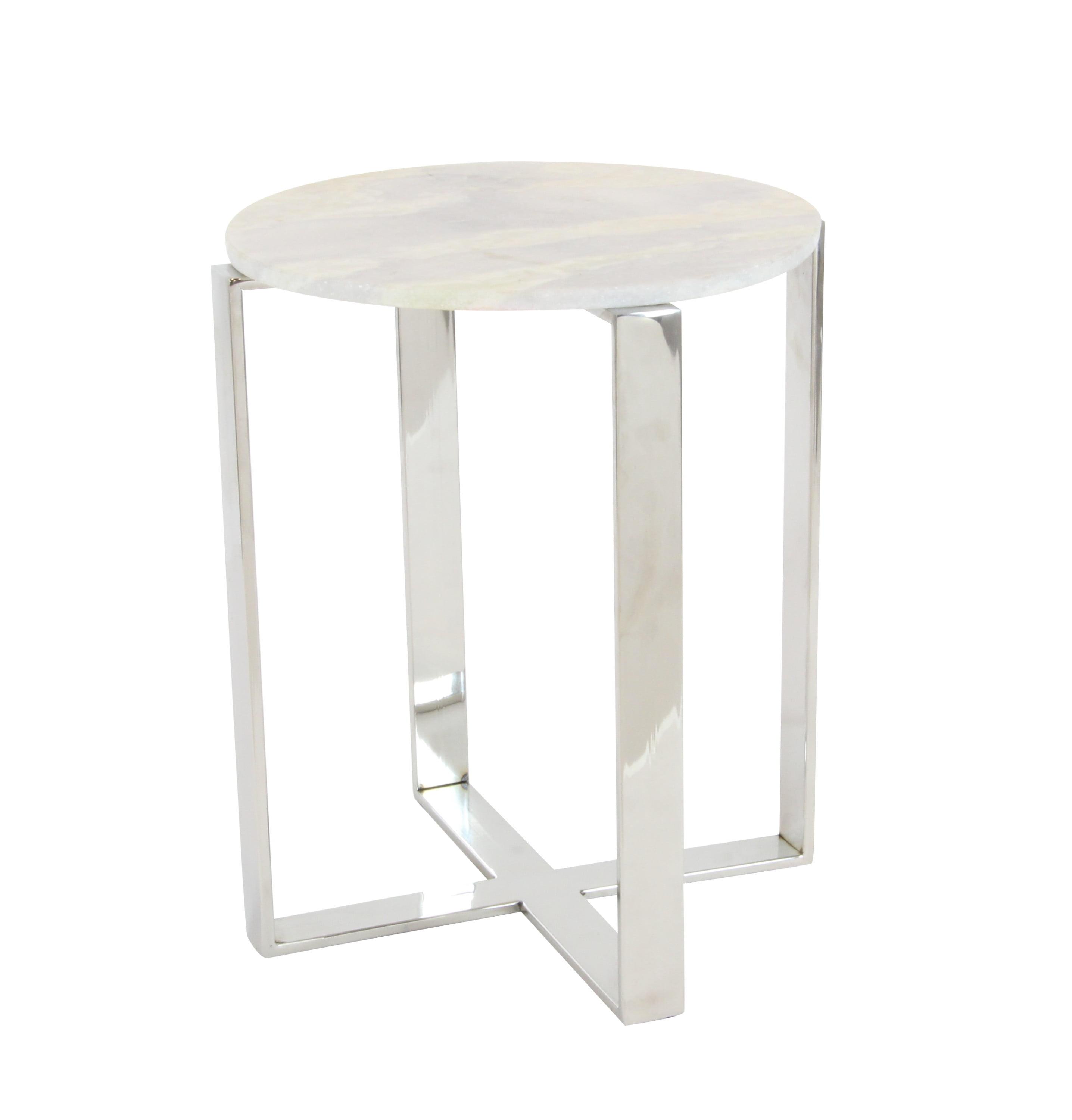 White Marble and Stainless Steel Round Accent Table