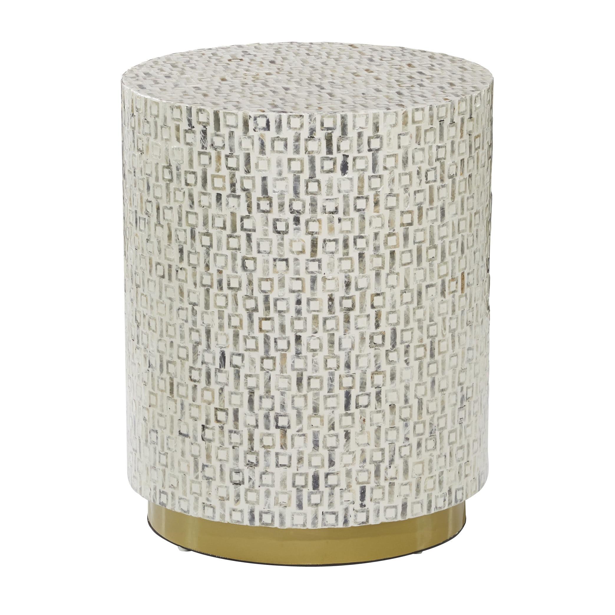 White Round Wood and Metal Accent Table with Pearl Inlays