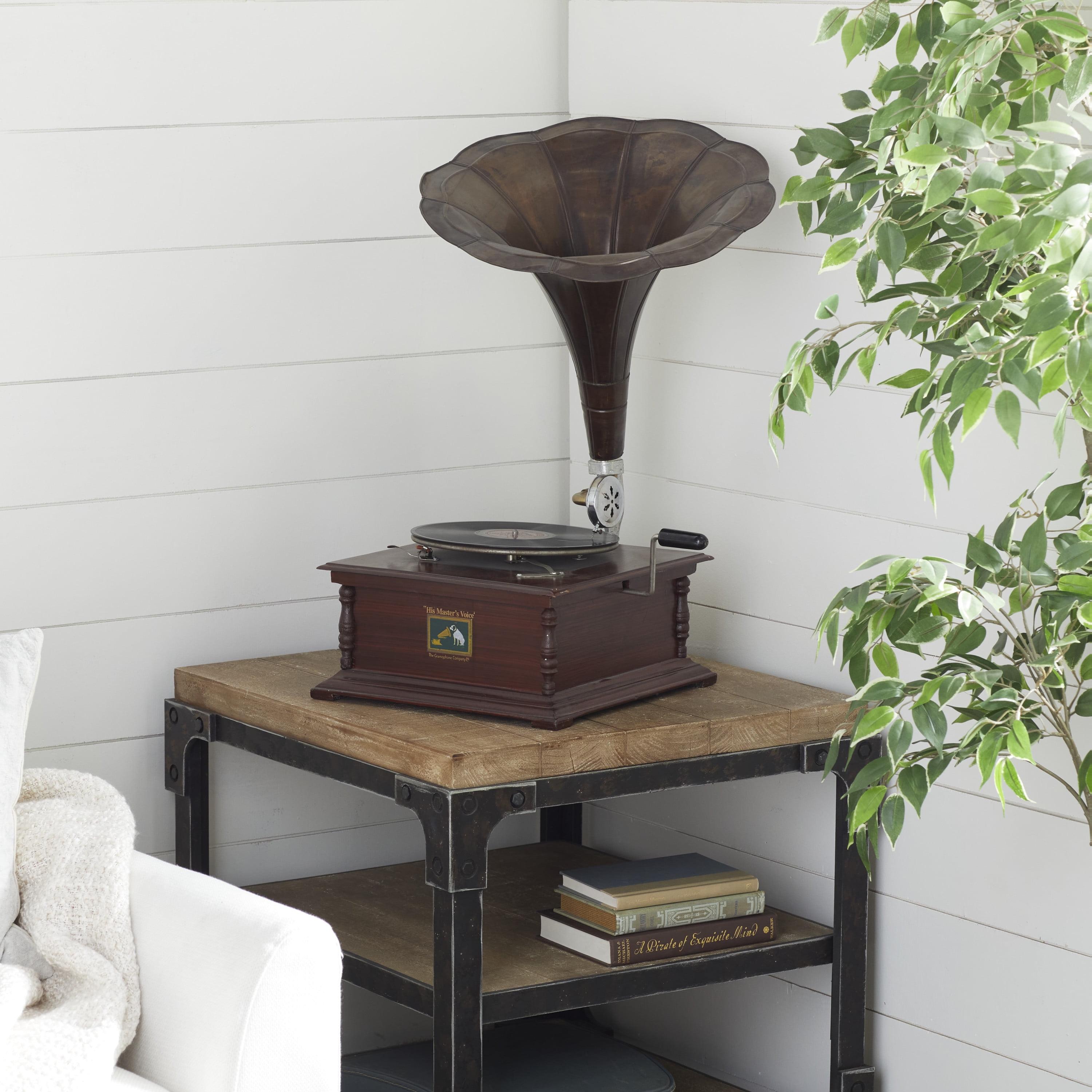 Vintage Brown Wood and Metal Gramophone with Record