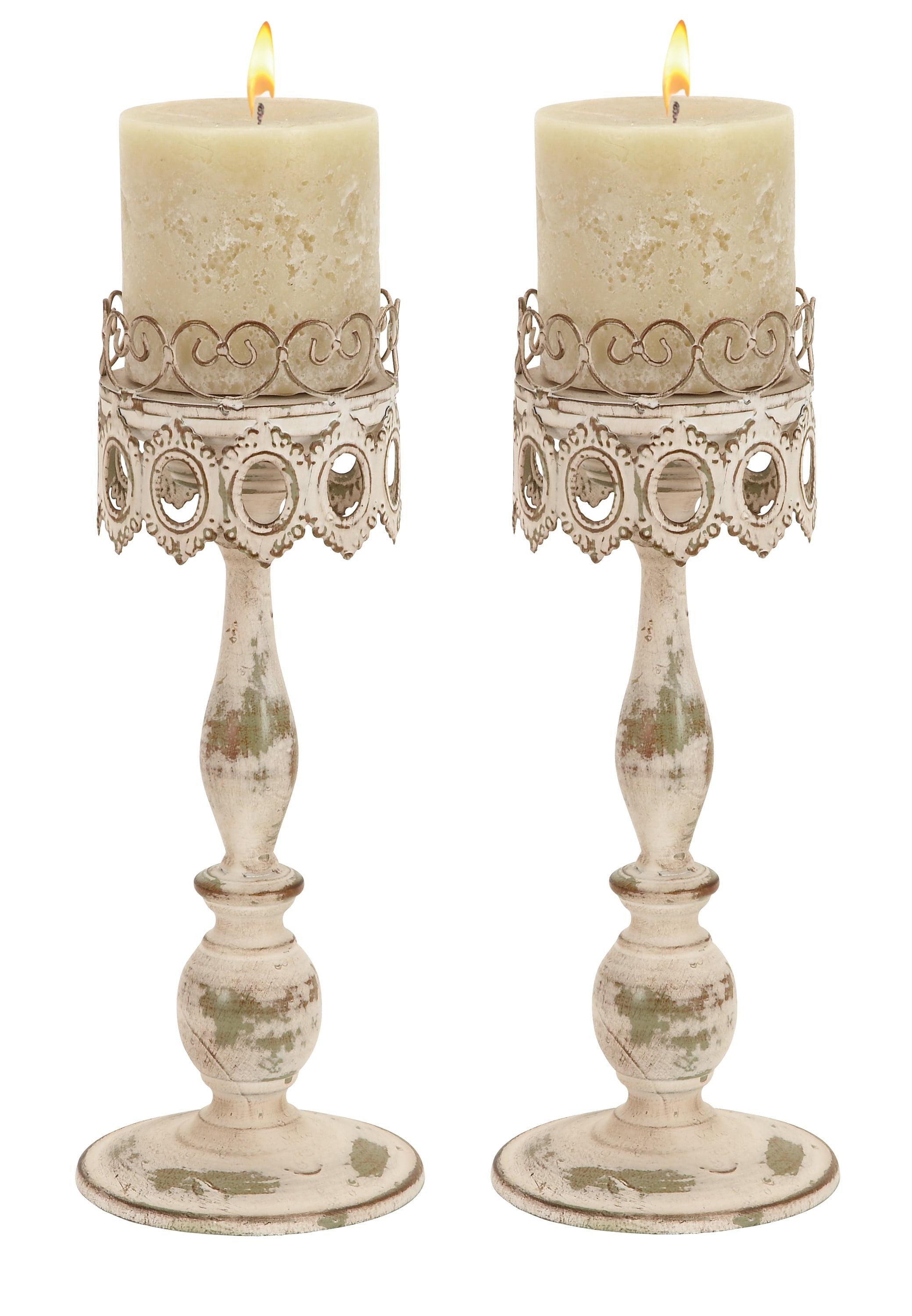 Rustic Beige Metal Pillar Candle Holder Set of 2