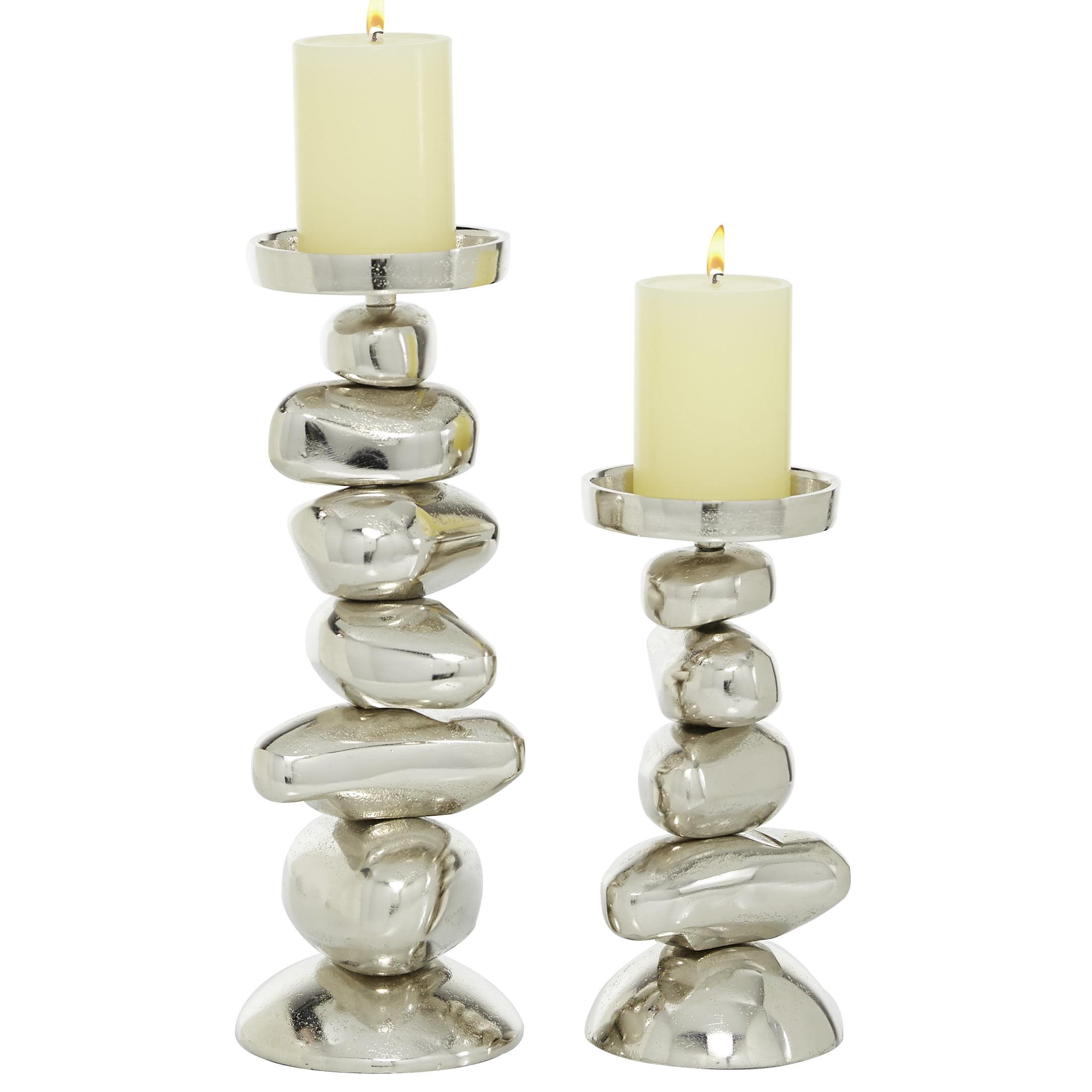 Elegant Silver Aluminum 14'' Pillar Candlestick Holders, Set of 2