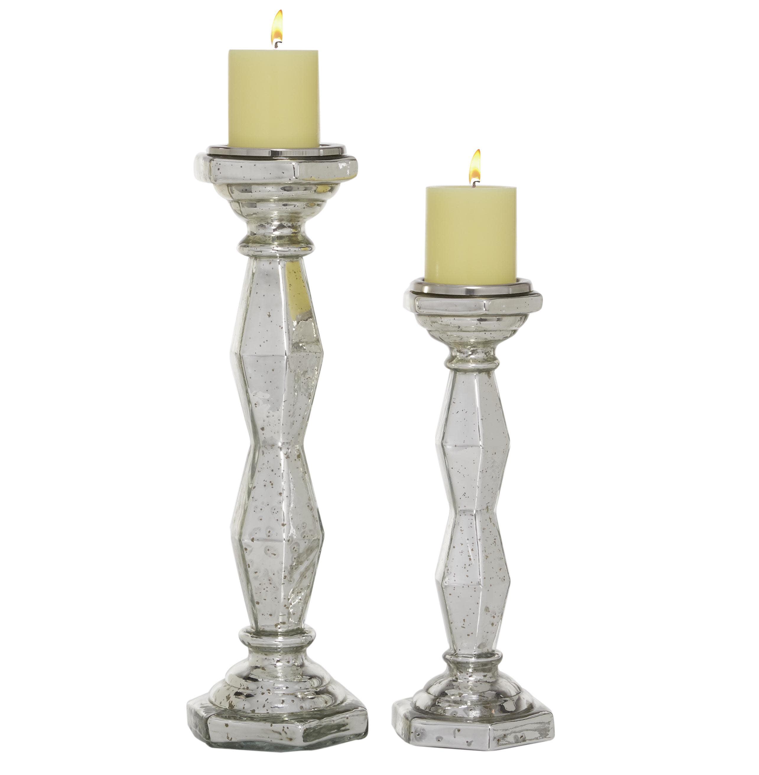 DecMode 2 Candle Silver Glass Candle Holder, Set of 2