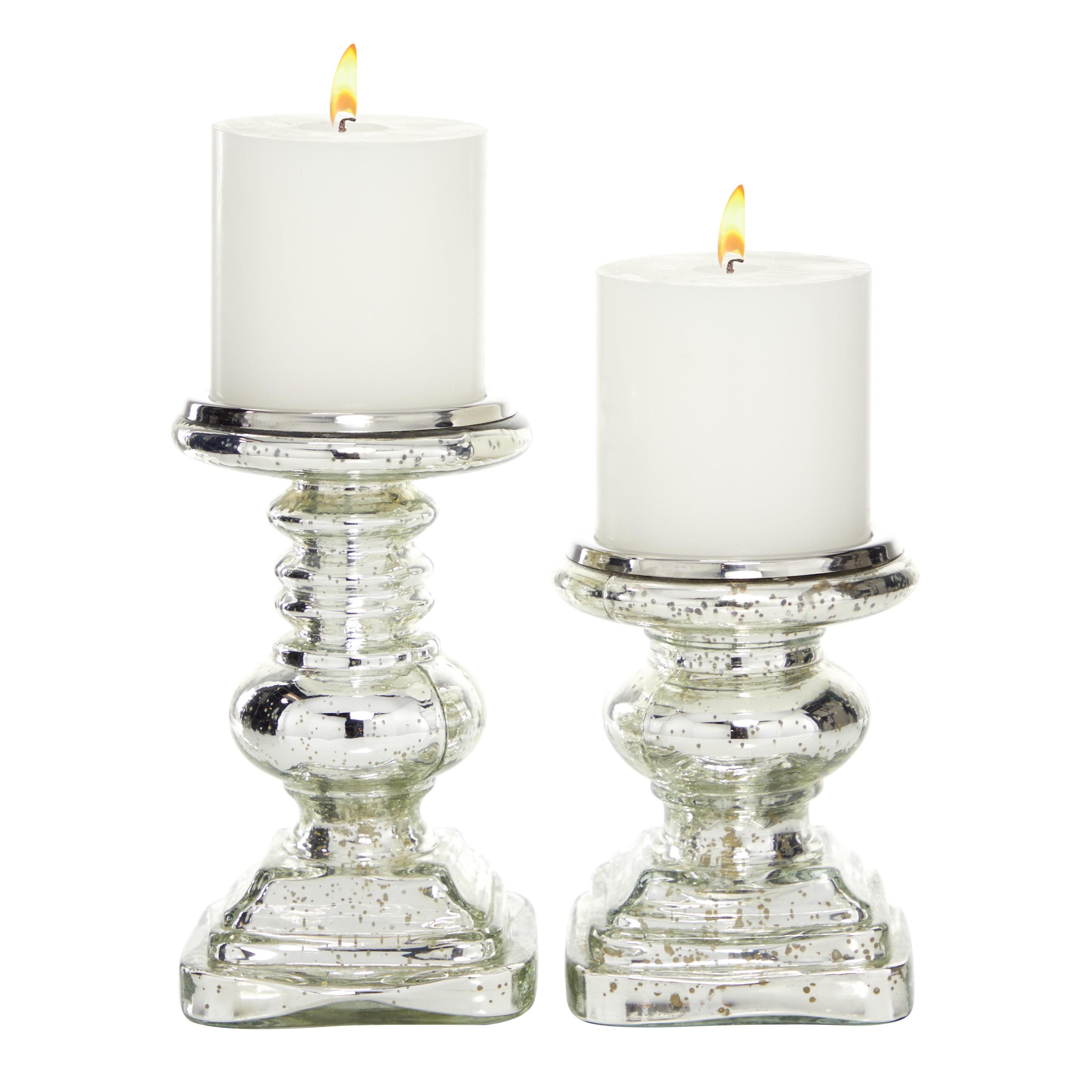 Elegant Silver Mercury Glass Pillar Candle Holder Set, 9" & 7"H