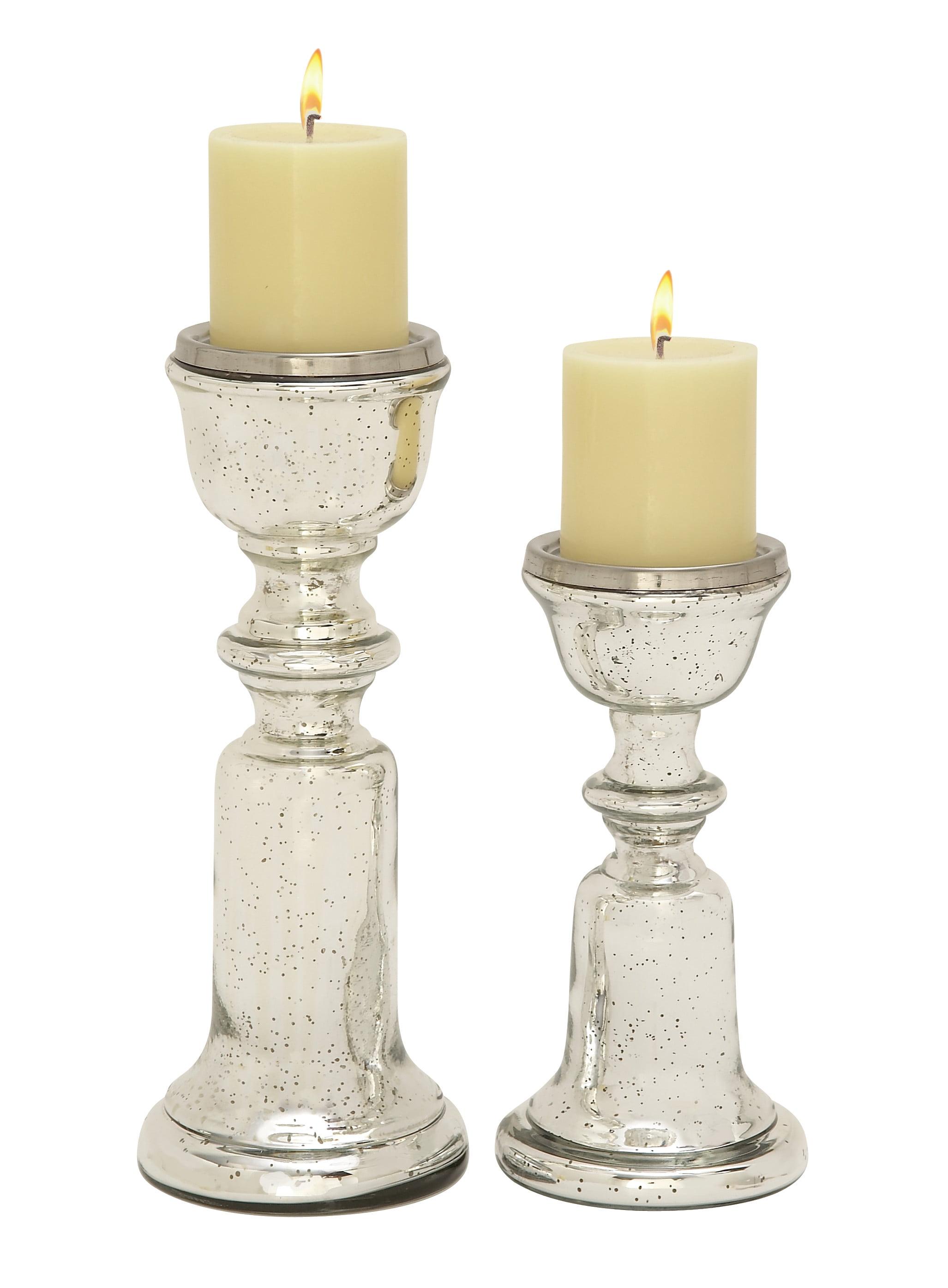 Silver Glass Pedestal Pillar Candle Holders, Set of 2