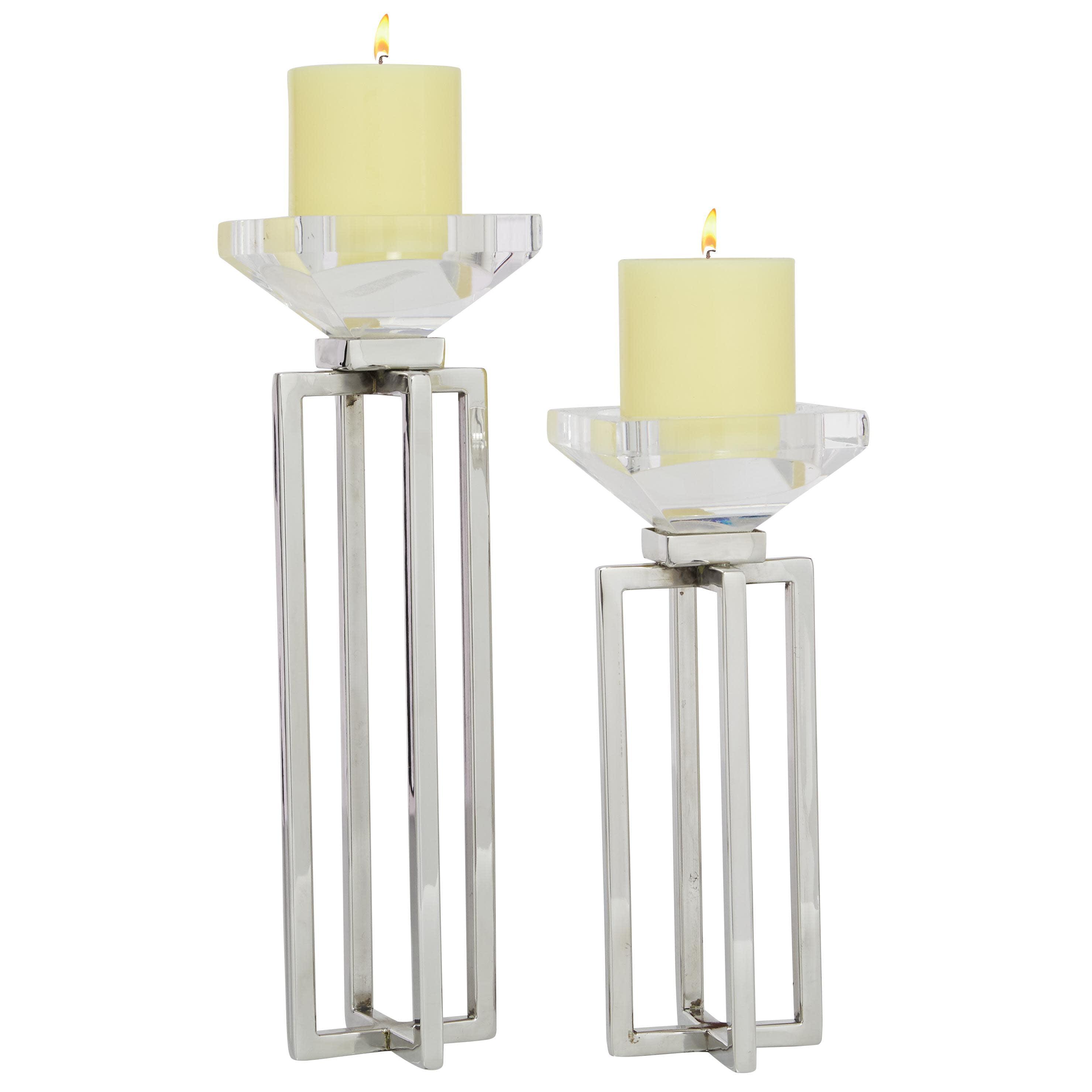 Silver Stainless Steel Square Candle Holders, Set of 2