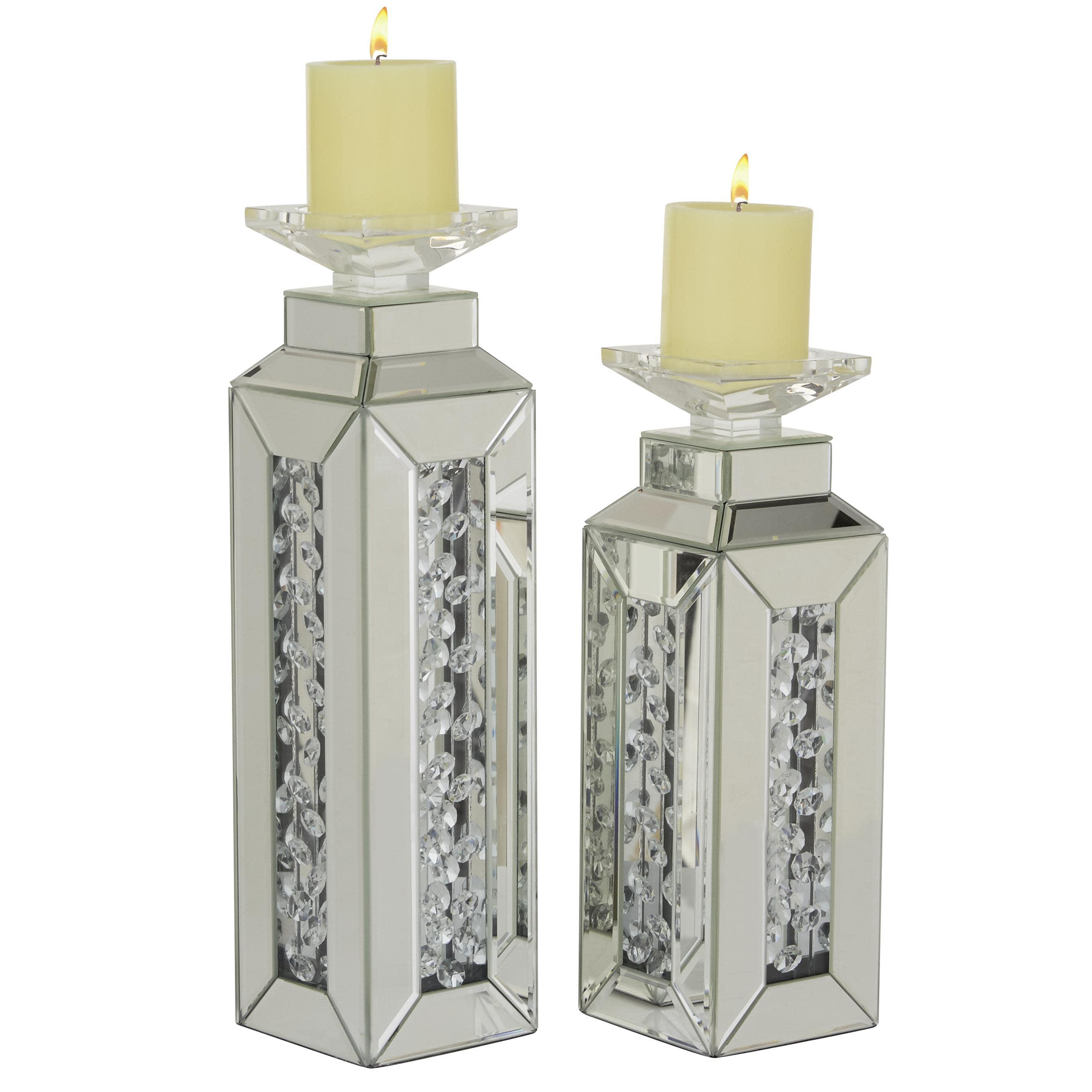 DecMode 2 Candle Silver Wood Candle Holder, Set of 2