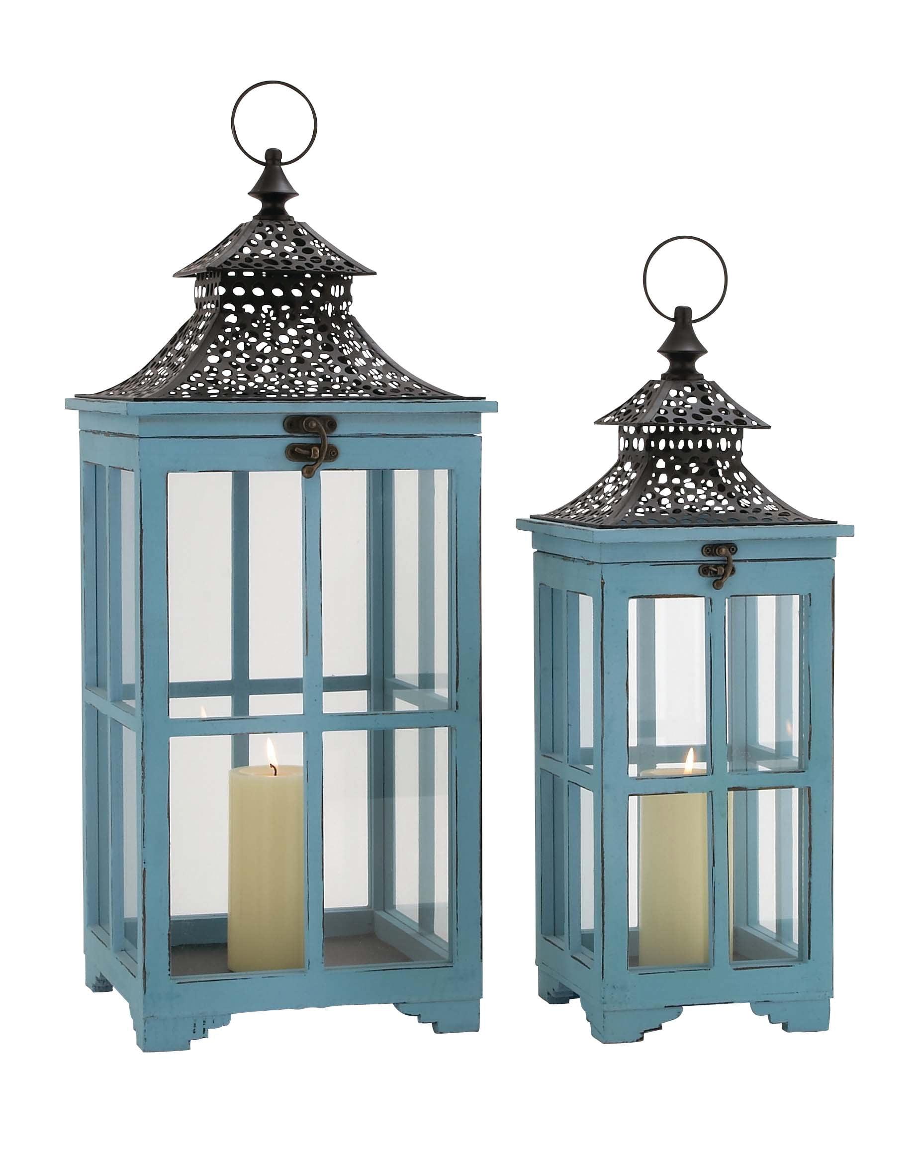 DecMode 2 Holder Blue Wood Lighthouse Style Decorative Candle Lantern, Set of 2