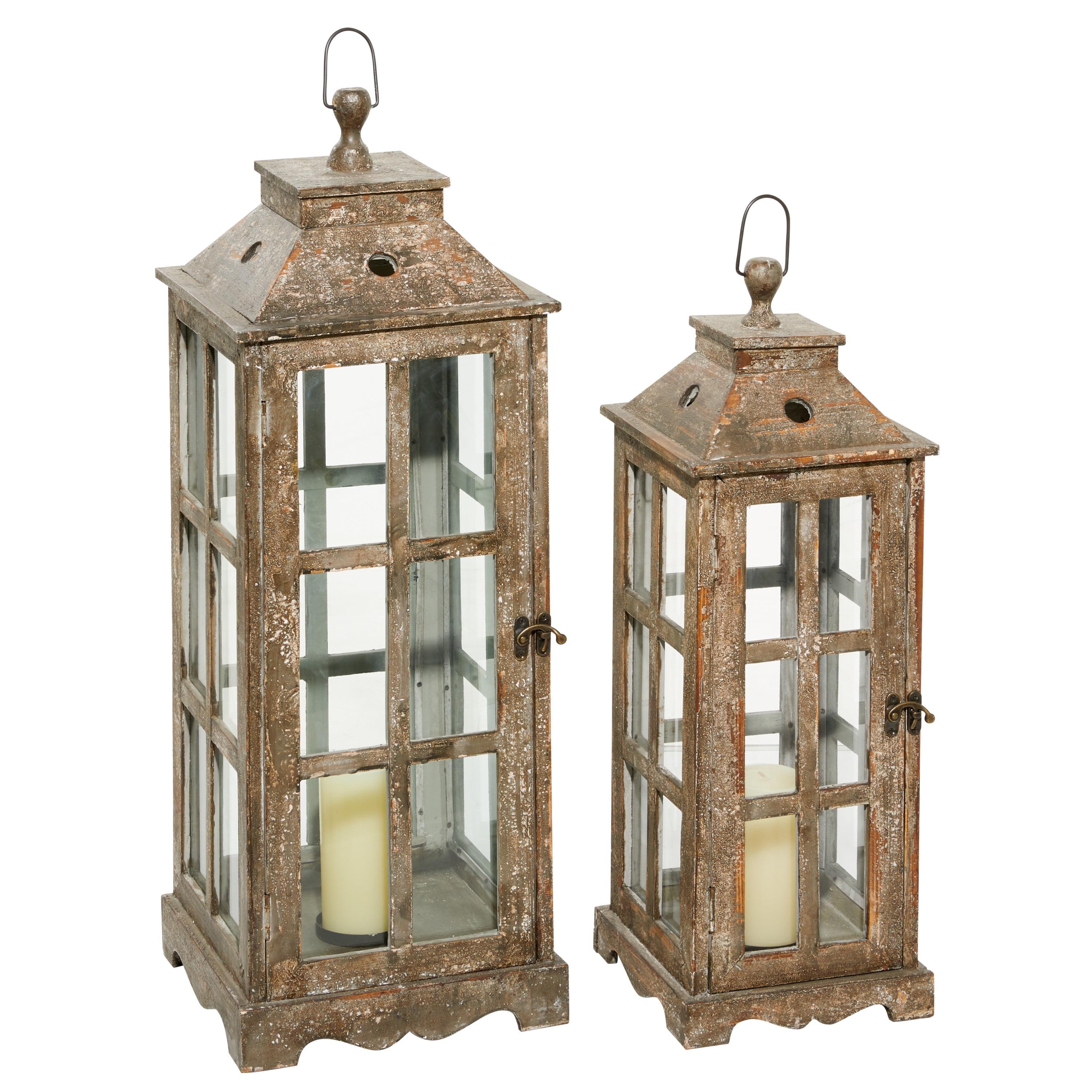 Rustic Brown Wood Hanging Tabletop Candle Lantern Set