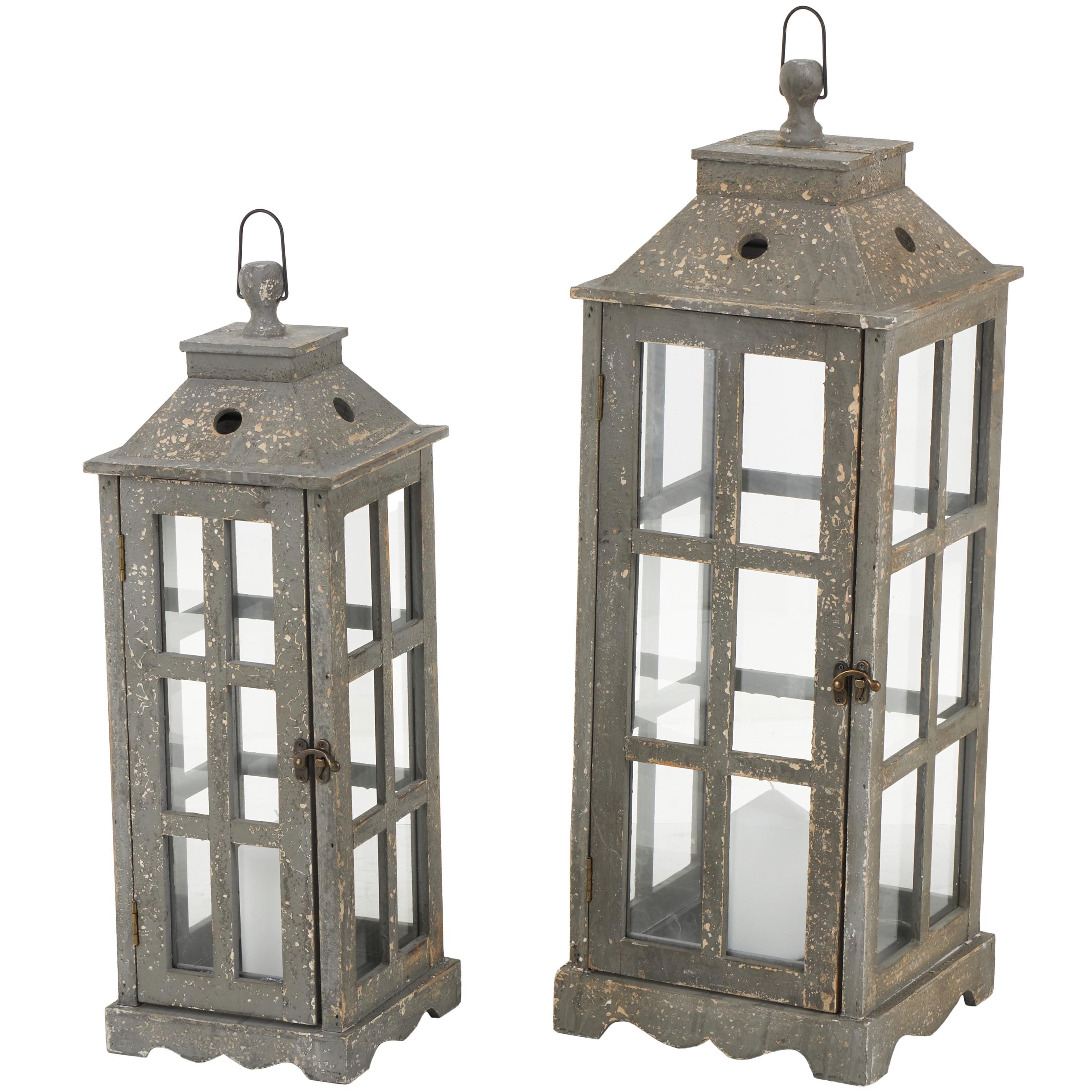 2 Piece Wood Tabletop Candle Lantern Set