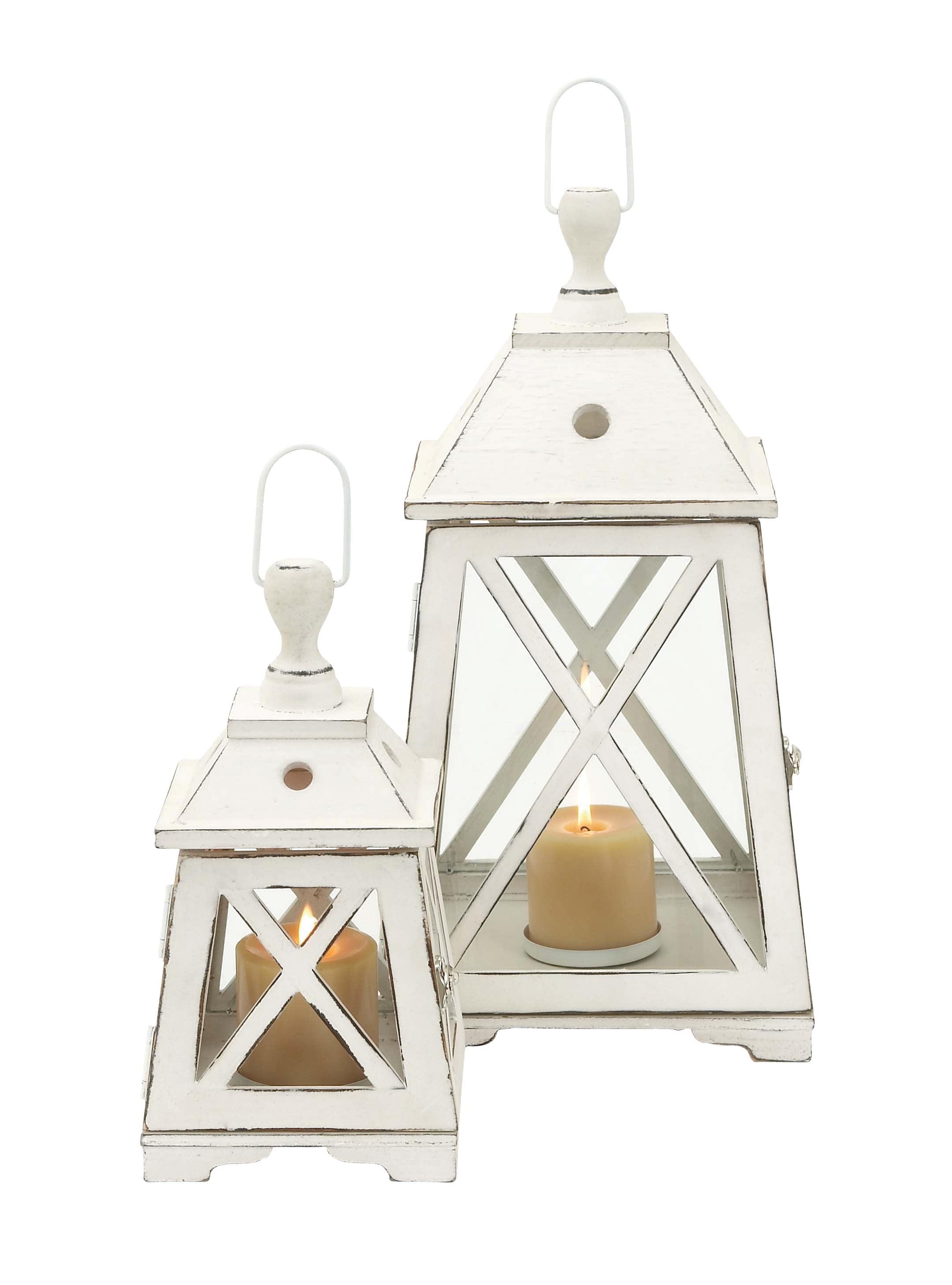 Set of 2 White Wood and Glass Hanging Candle Lanterns