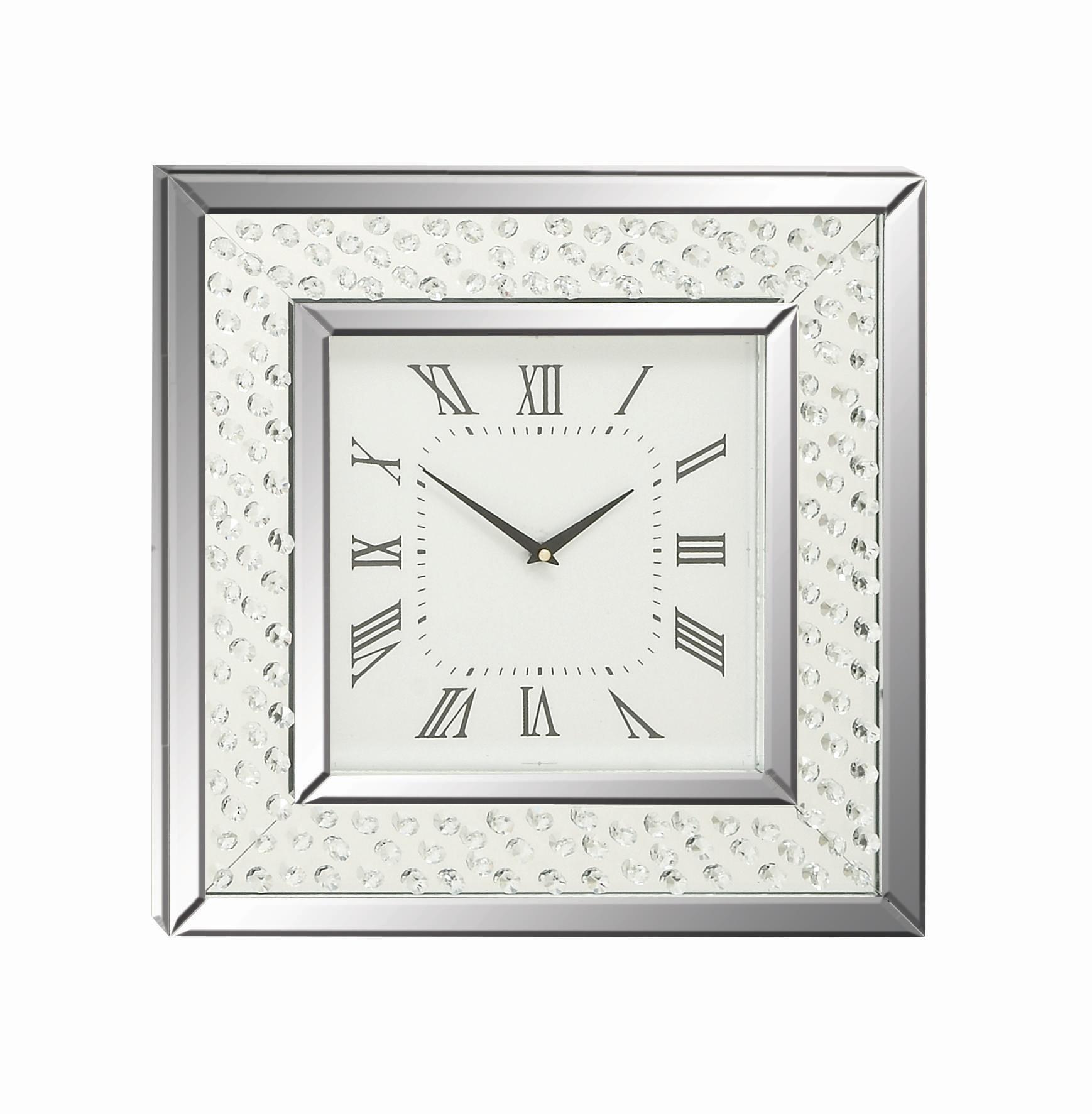 Wood Mirrored Wall Clock with Floating Crystals Silver - Olivia & May: Silent, Art Deco Style, Square Shape