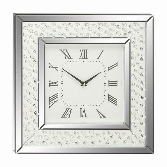 Wood Mirrored Wall Clock with Floating Crystals Silver - Olivia & May: Silent, Art Deco Style, Square Shape