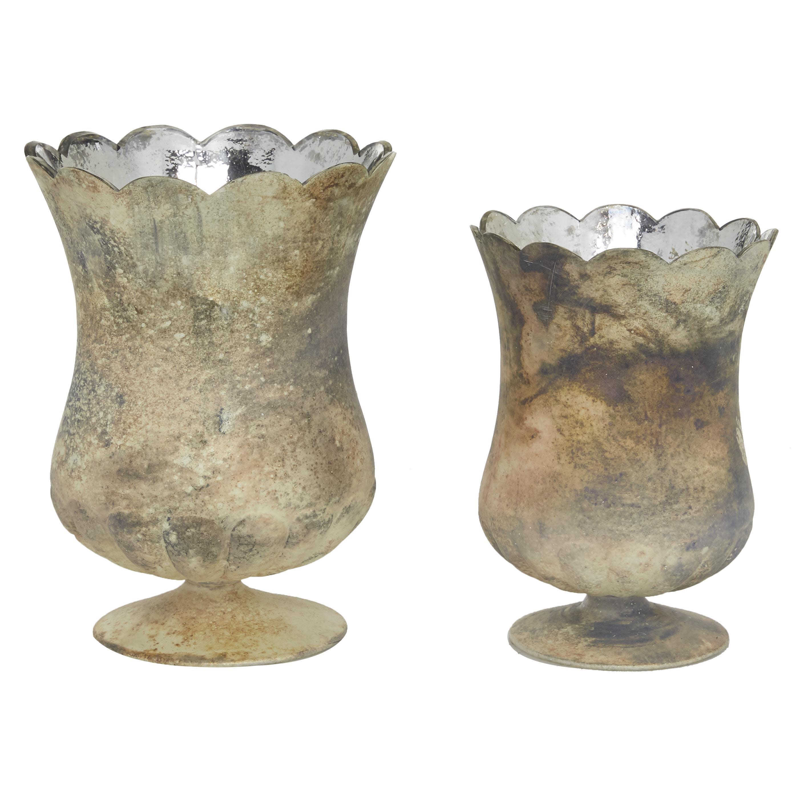 Rustic Brown Scalloped Glass Hurricane Table Vase Set