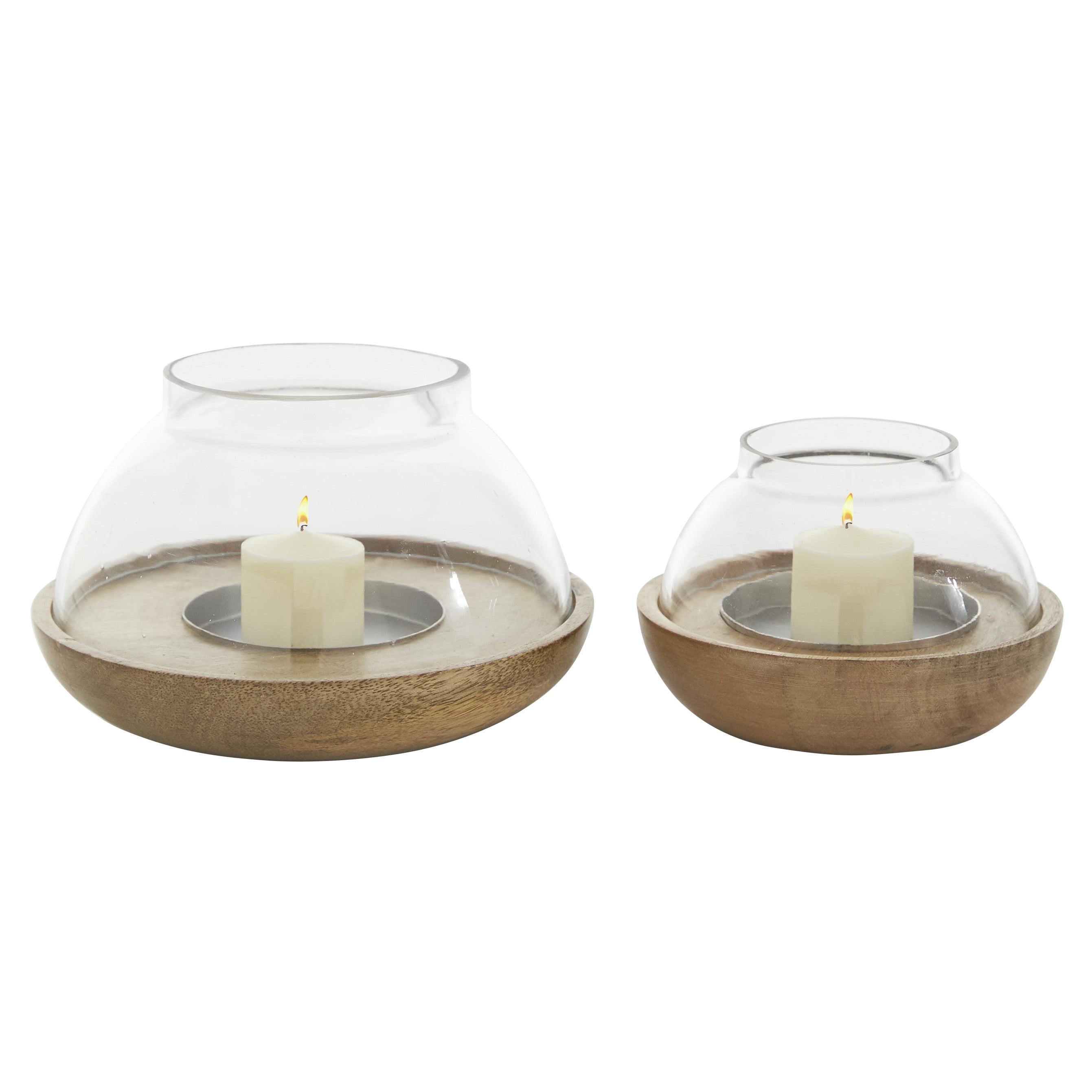 Brown Mango Wood and Glass Tealight Hurricane Lamp Set