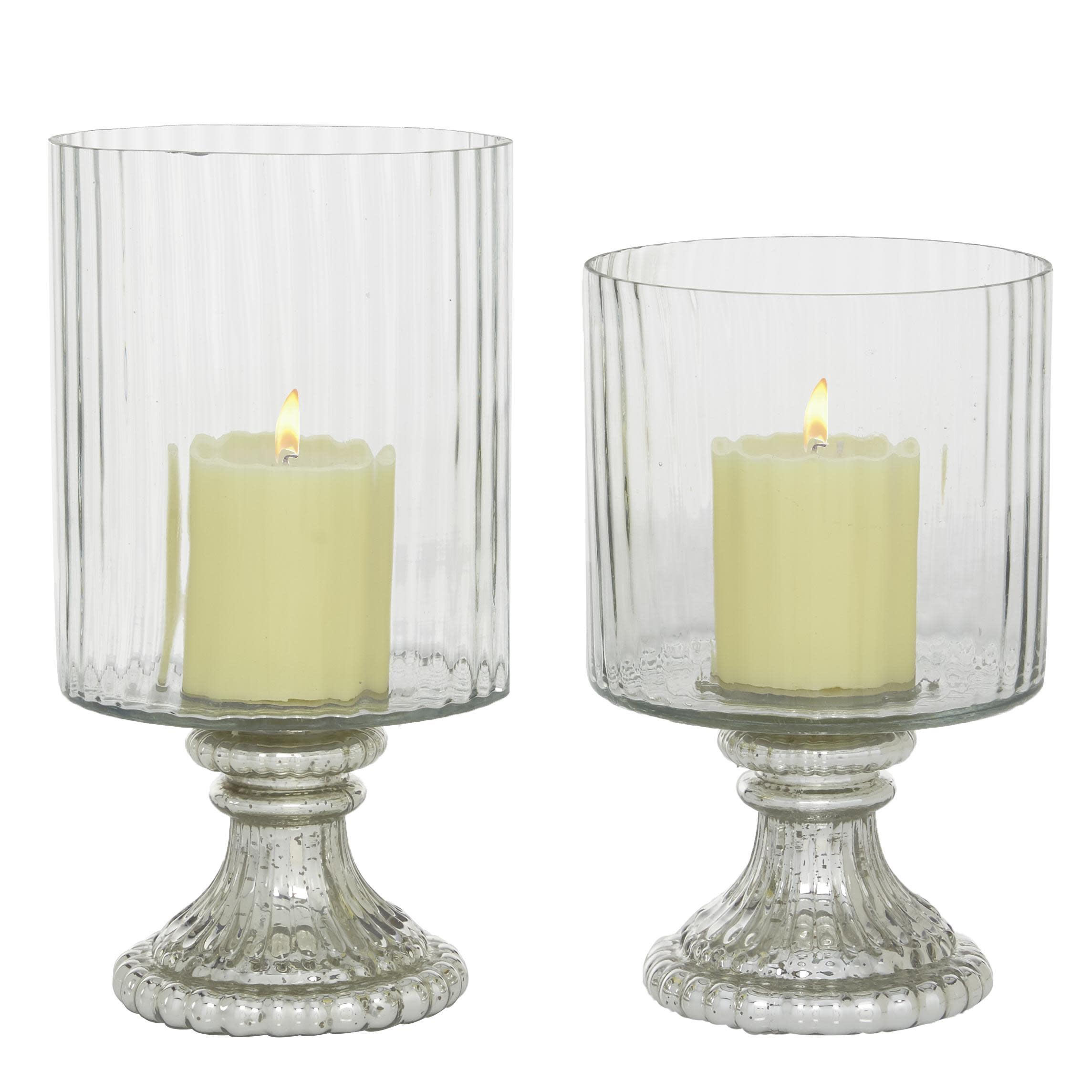 DecMode 2-Slot Silver Glass Hurricane Lamp, Set of 2