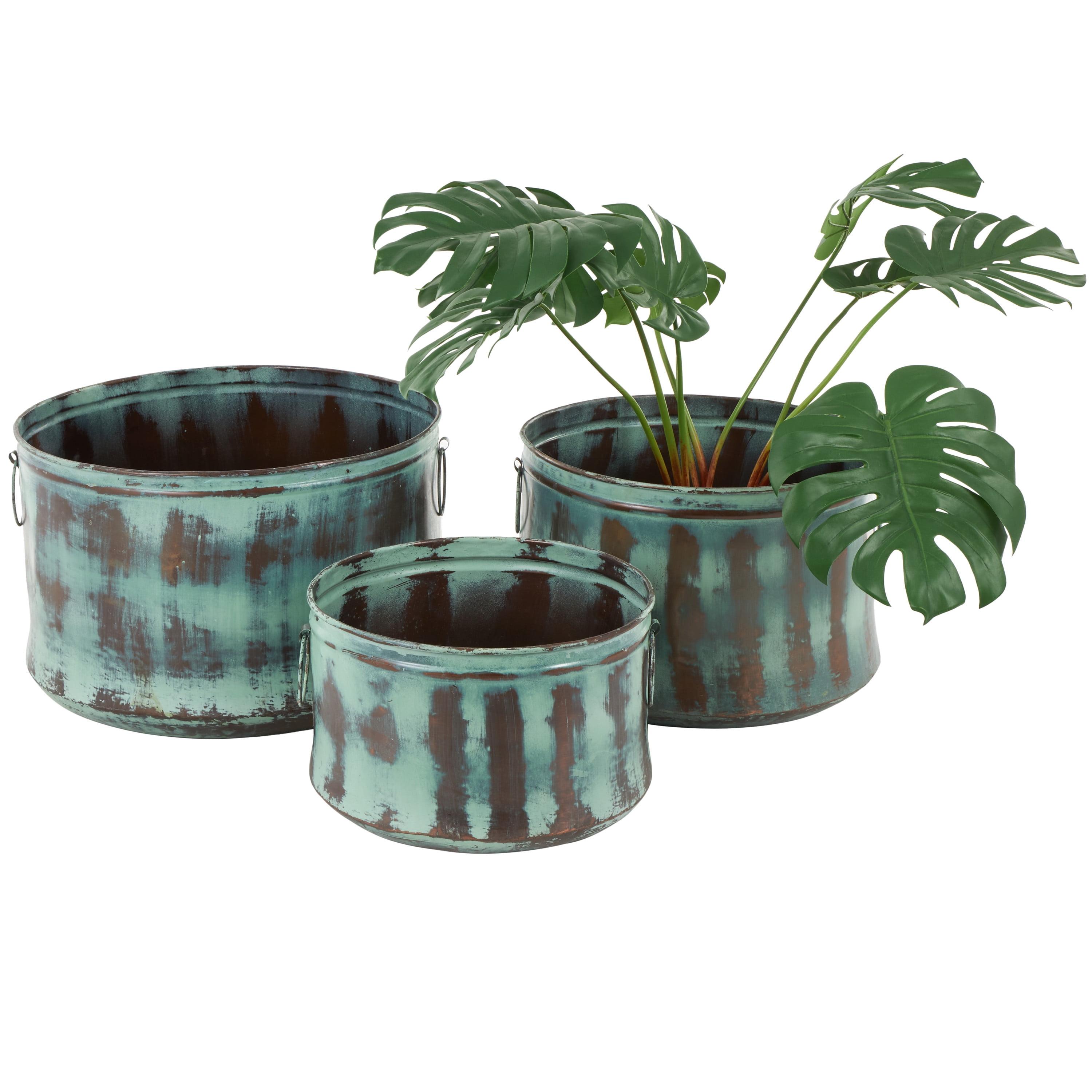 Set of 3 Copper and Green Distressed Metal Planters