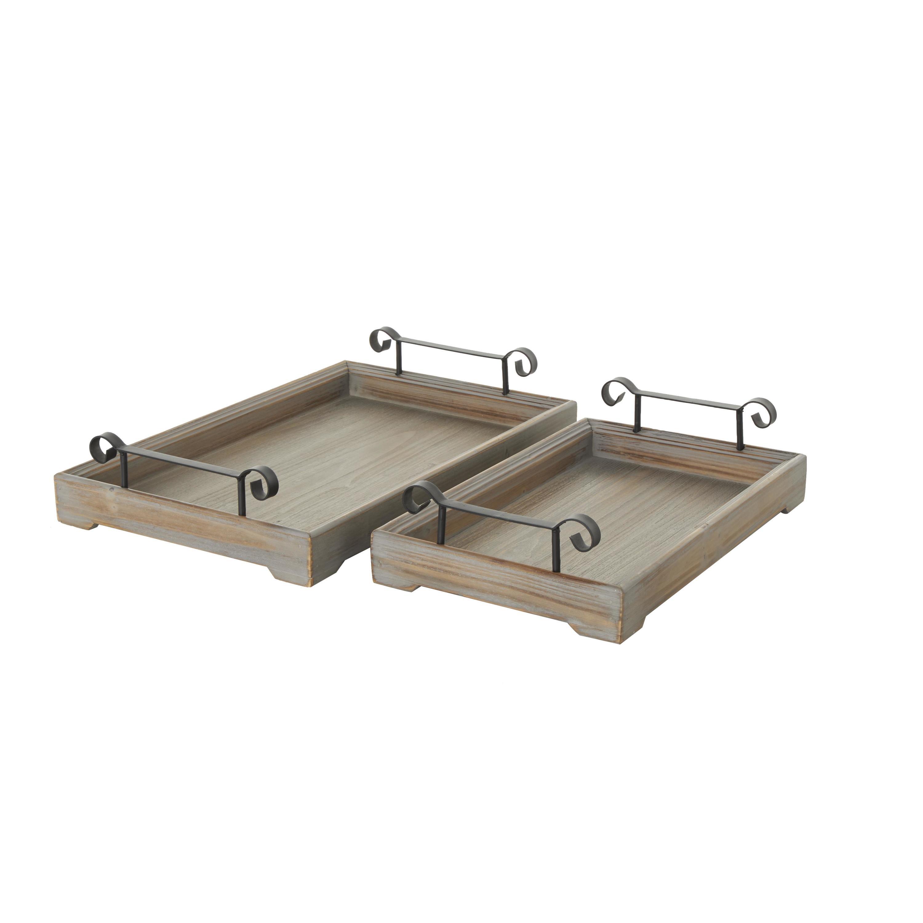 DecMode 20", 17"W Beige Wood  Tray with Metal Handles, 2-Pieces