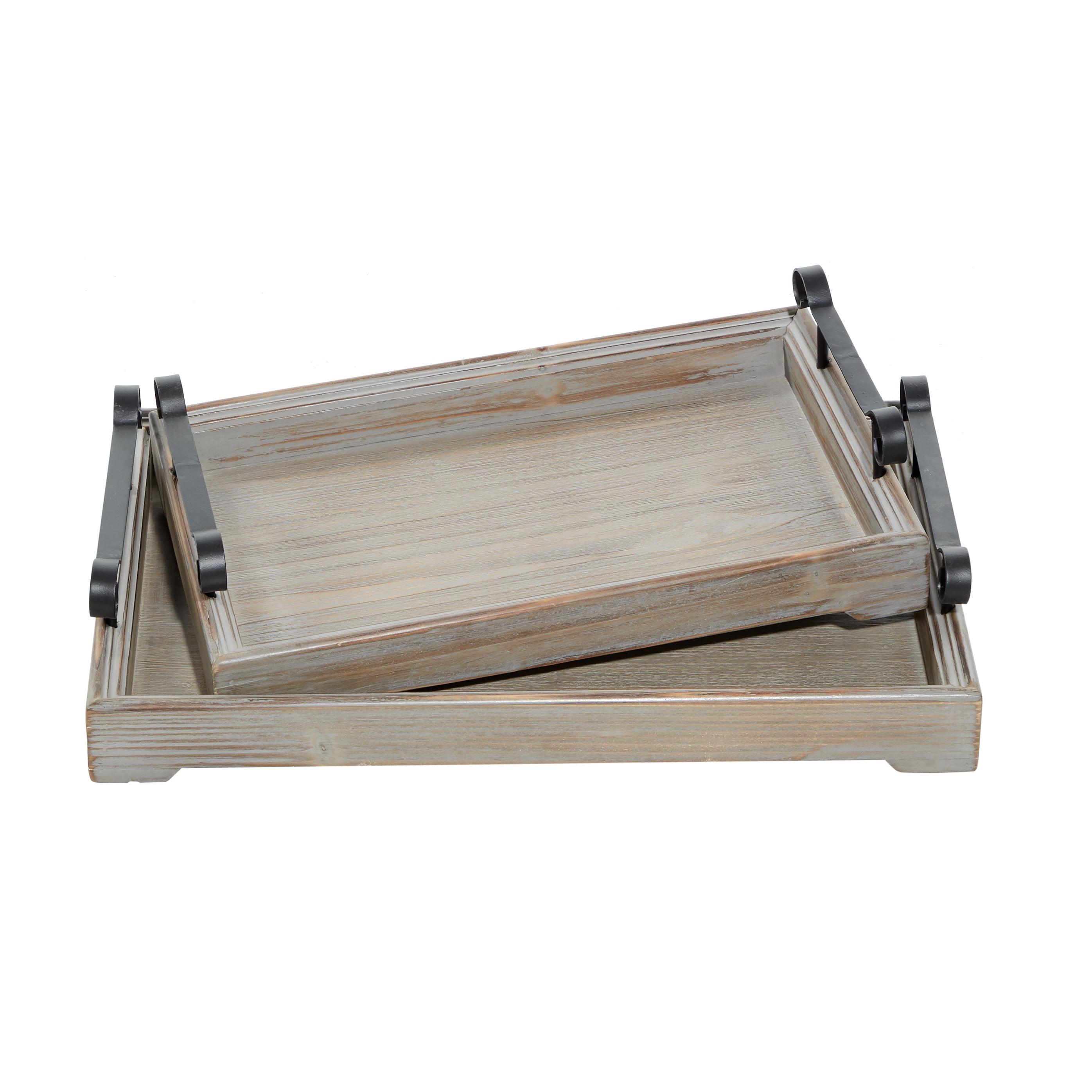 Beige Wood Tray Set with Metal Handles, 20" and 17"