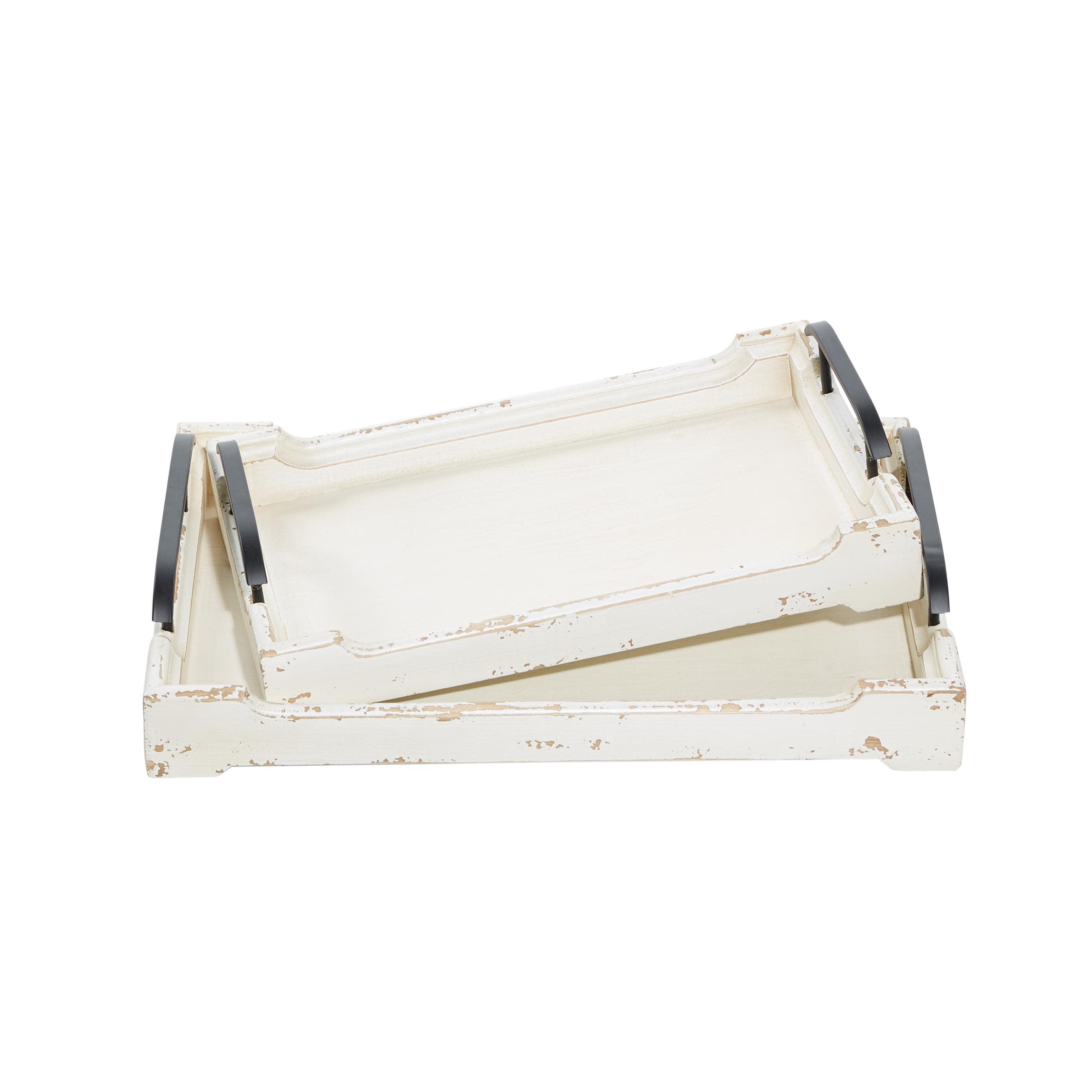 White Distressed Pine Wood Decorative Trays with Metal Handles, Set of 2