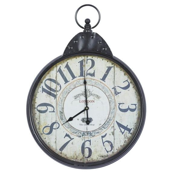 DecMode 20" Black Metal Finial Distressed Pocket Watch Inspired Wall Clock with Beige Clockface