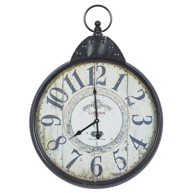 DecMode 20" Black Metal Finial Distressed Pocket Watch Inspired Wall Clock with Beige Clockface