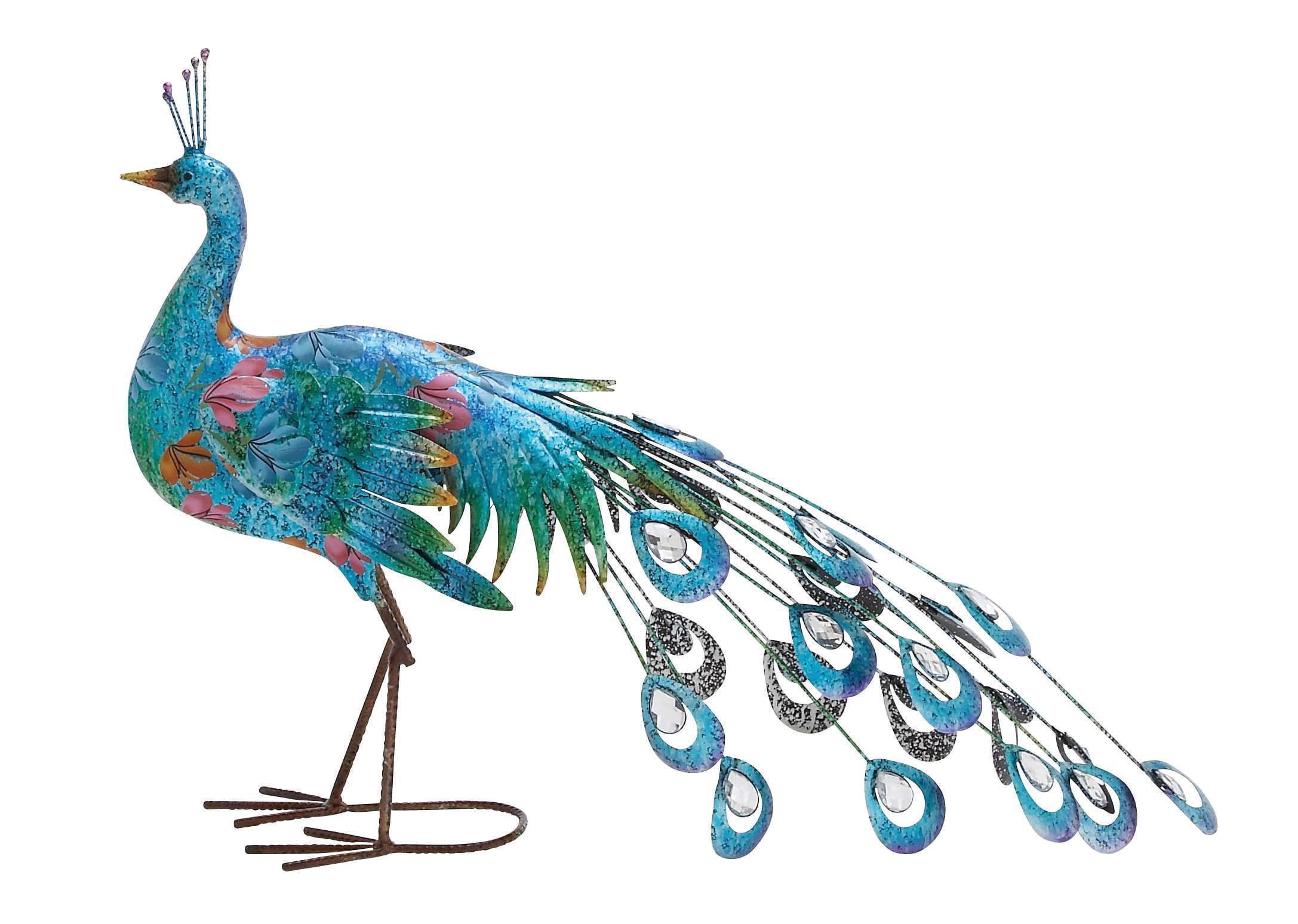 Teal and Blue Metal Peacock Garden Sculpture with Crystal Accents