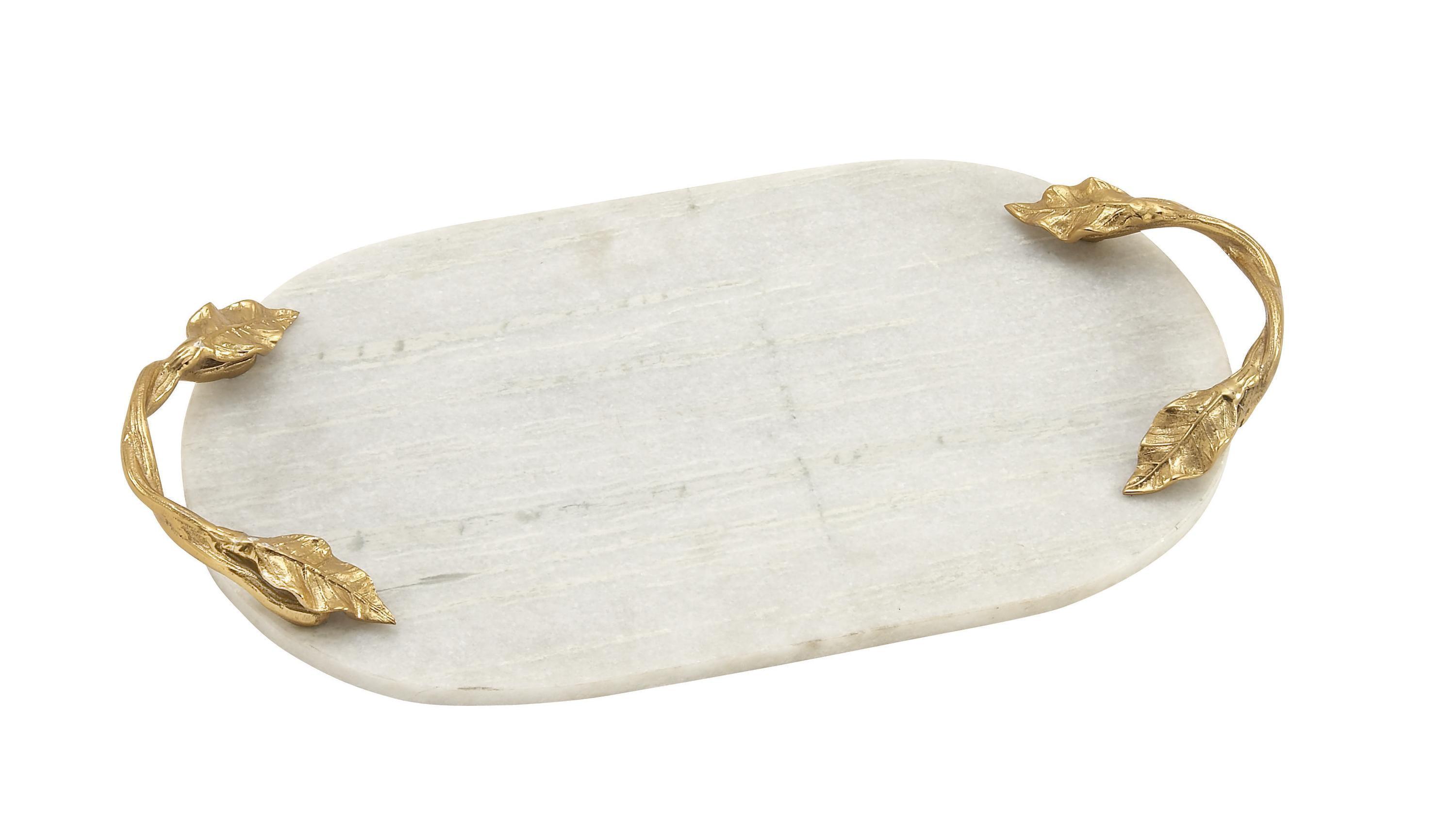 DecMode 20" x 10" White Marble Oval Tray with Gold Twisted Leaf Handles, 1-Piece