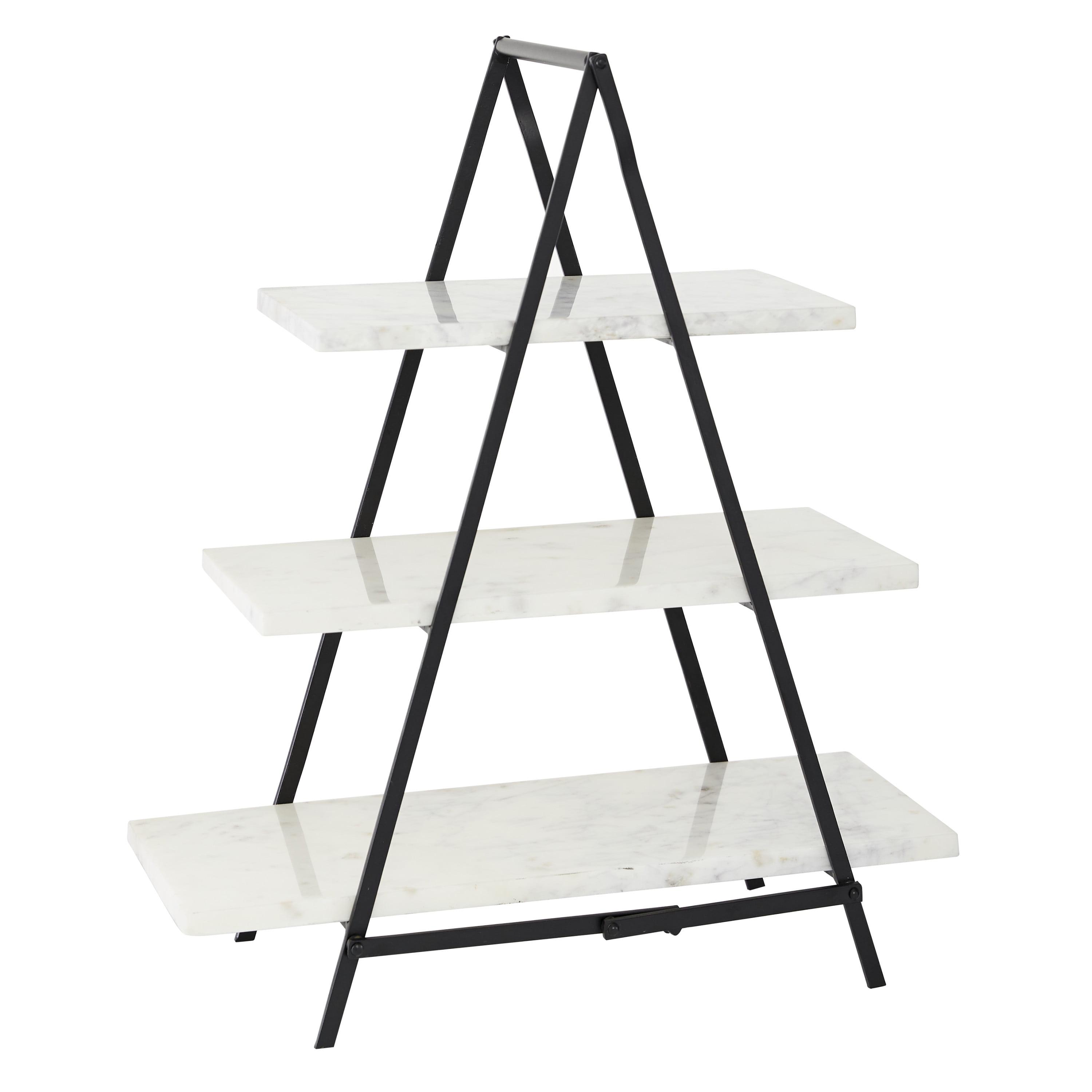 Elevated 20" White Marble and Black Metal 3-Tier Rectangular Server