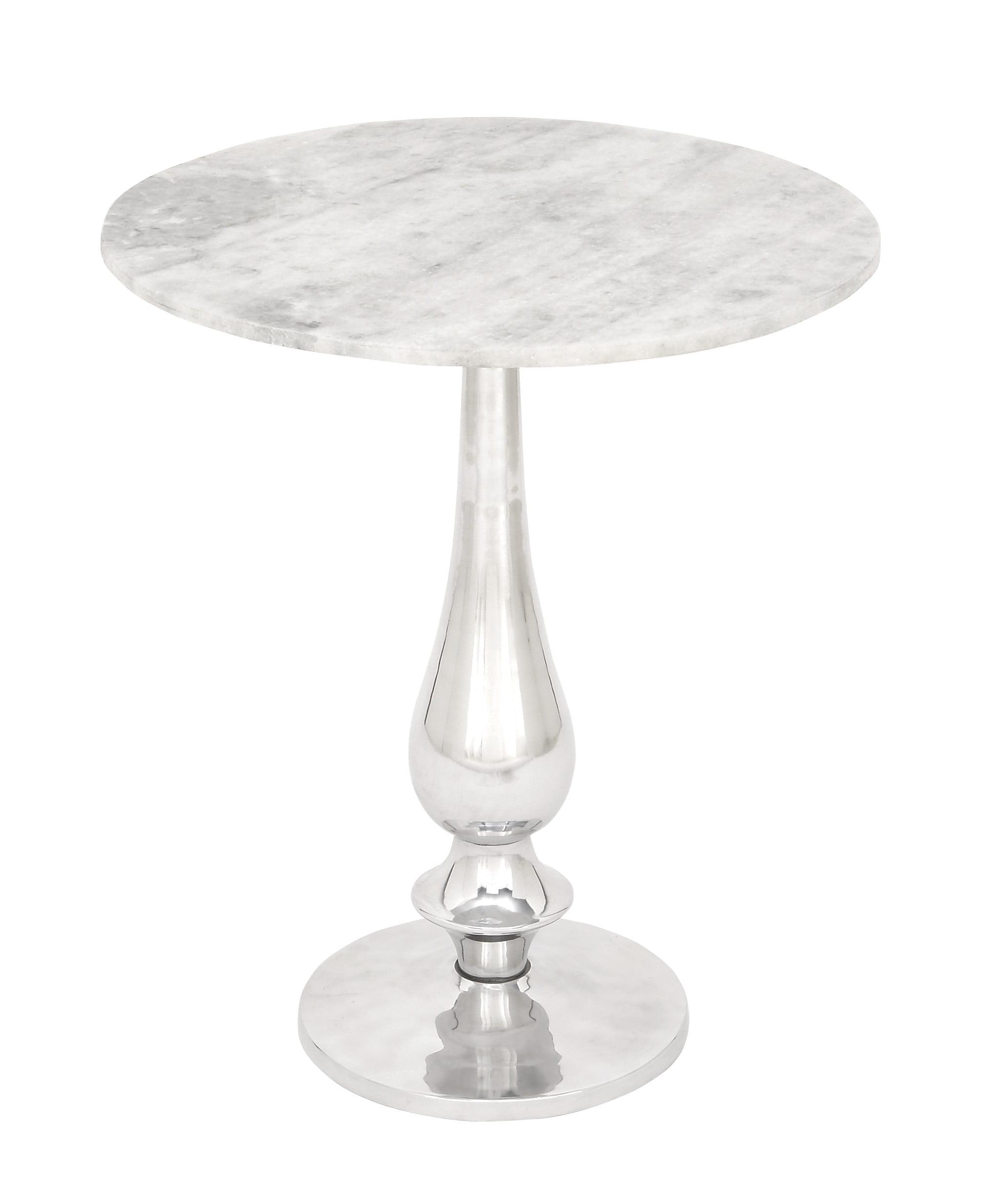 White Marble and Silver Aluminum Round Accent Table