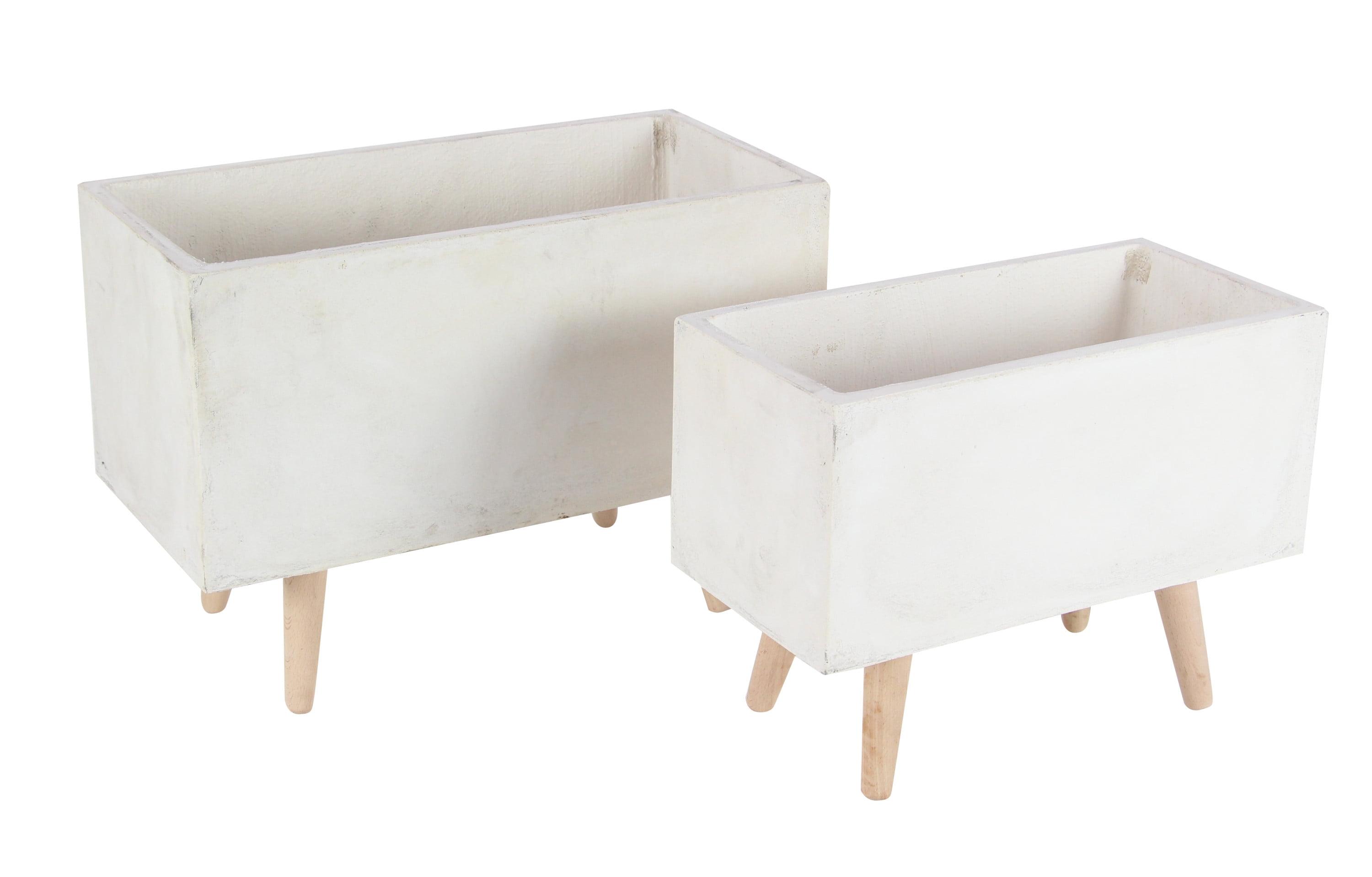 White Fiber Clay Rectangular Planters with Wood Legs, Set of 2