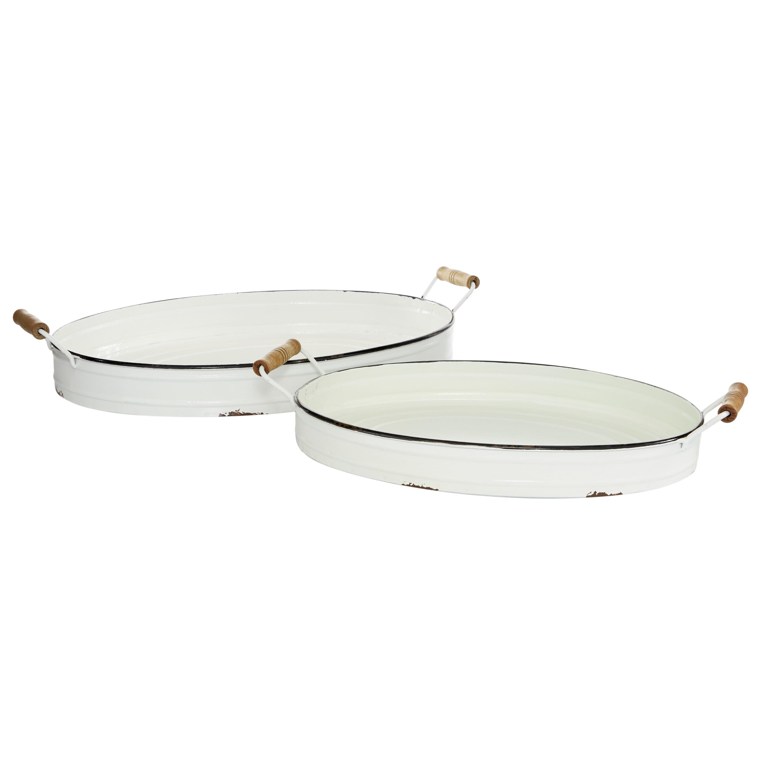 Farmhouse White Metal Tray Set with Wooden Handles, 2-Piece