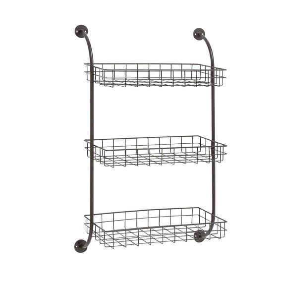 DecMode 21" x 10" 3-Tier Black Wall Shelf with Suspended Baskets