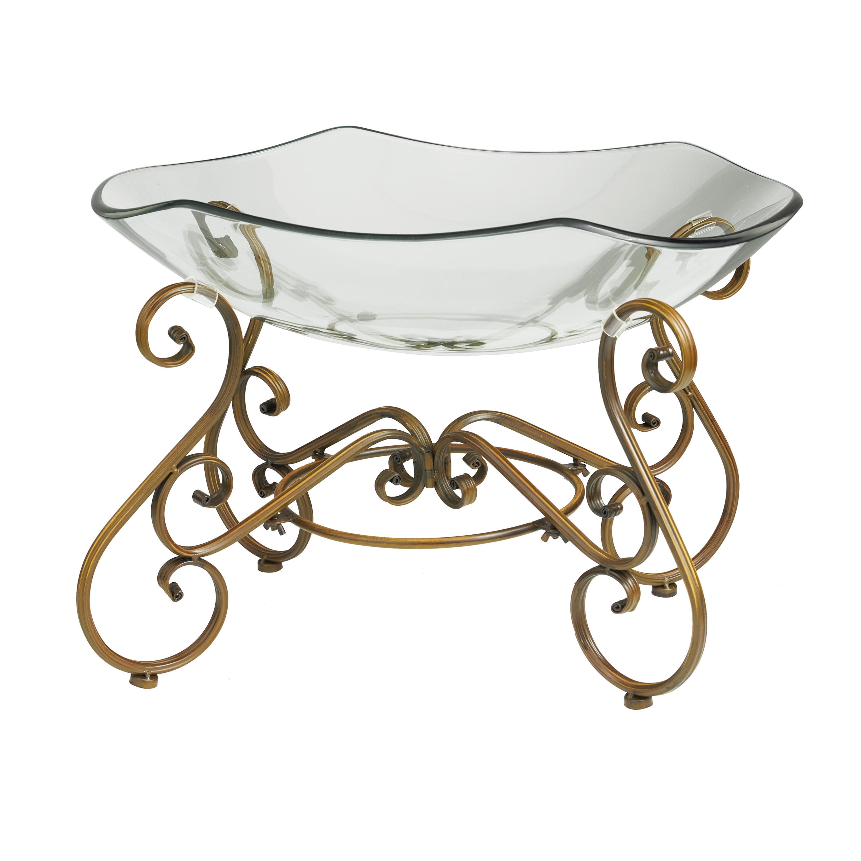 Clear Glass Elliptical Serving Bowl with Gold Scroll Base