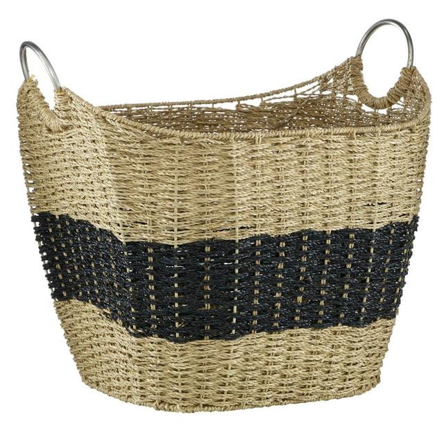 DecMode 21" x 19" Brown Seagrass Handmade Two Toned Storage Basket with Metal Handles, 1-Piece