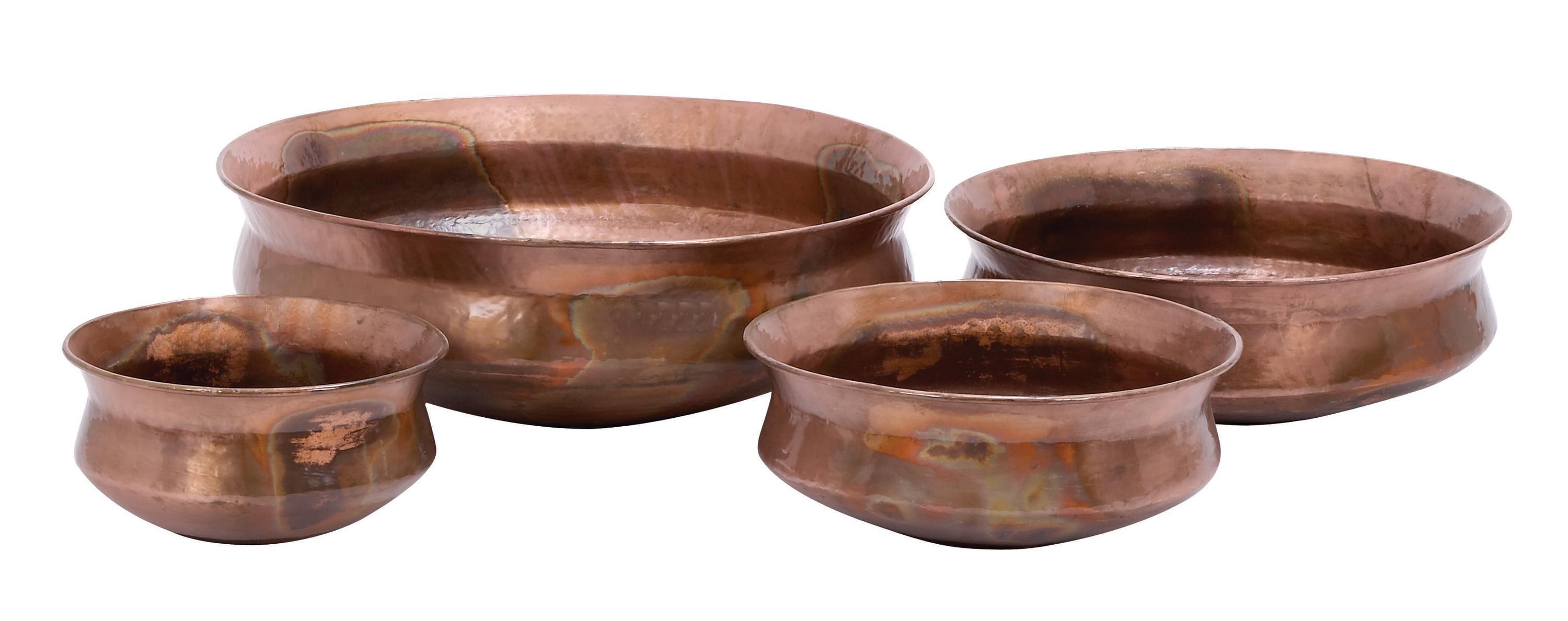 Alfarata 4 Piece Metal Wide Weathered Low Bowl Indoor Outdoor Copper Planter Set