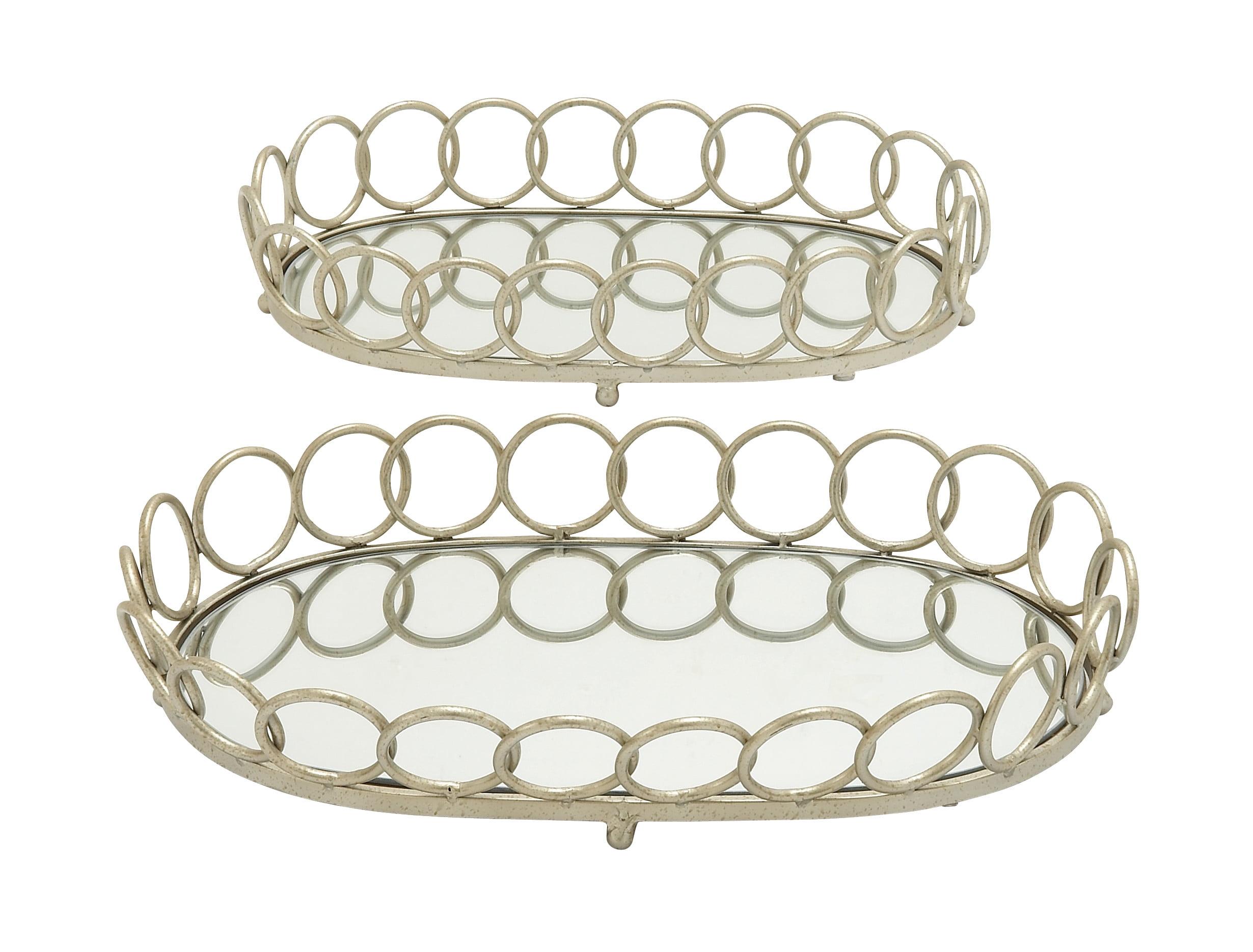 Elegant Silver Mirrored Oval Tray Set, 22" & 18"W with Geometric Pattern