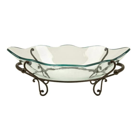 DecMode 23" x 9" Clear Tempered Glass Kitchen Serving Bowl with Brown Metal Scroll Base, 1-Piece