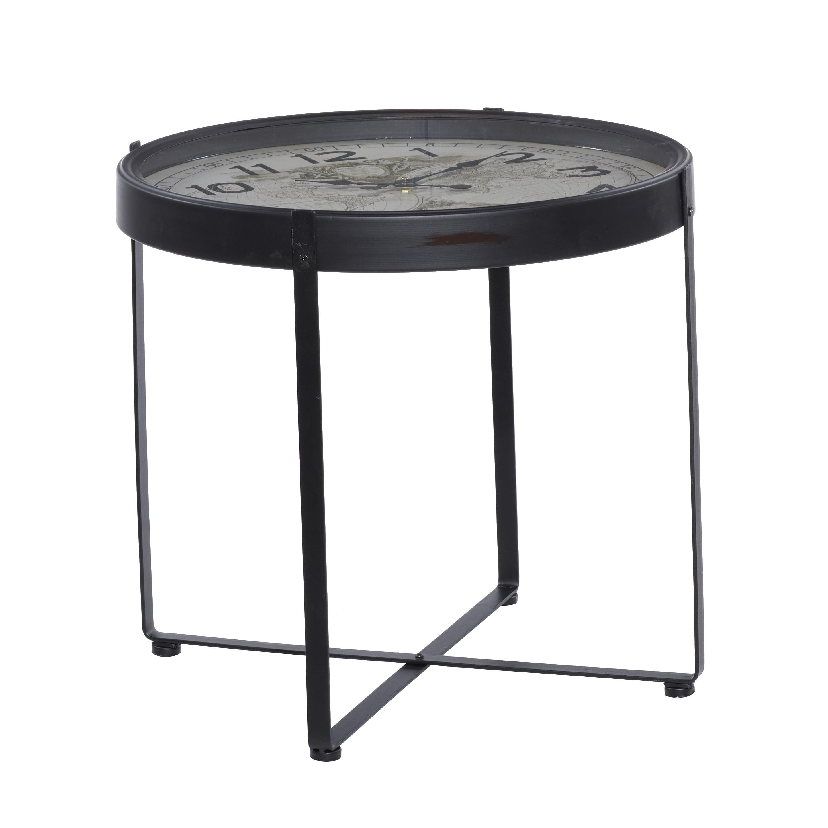 Black Round Metal and Glass Clock Accent Table