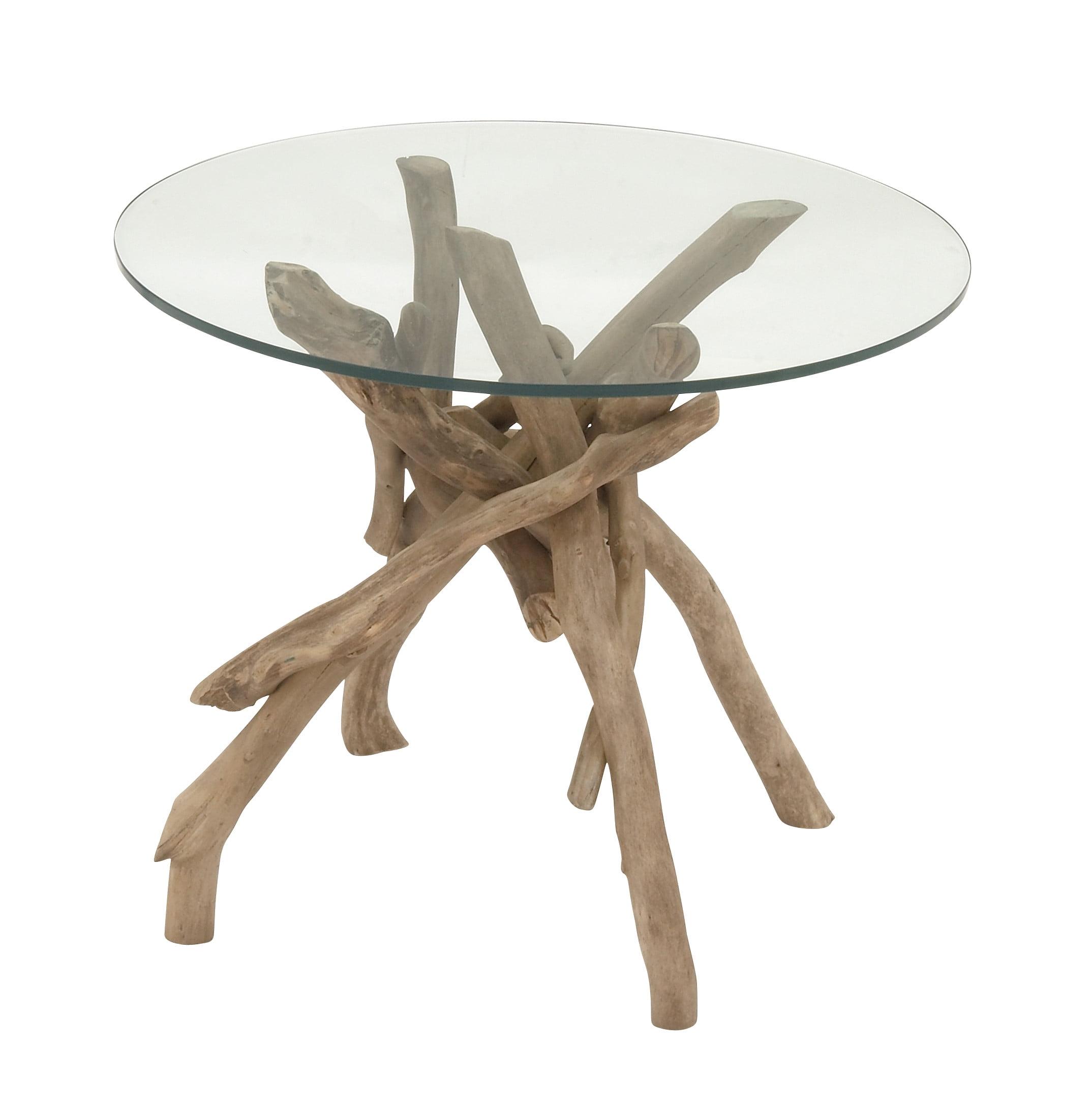 Log and Glass Round Accent Table Tan - Olivia & May: Handmade, No Assembly, Indoor Use