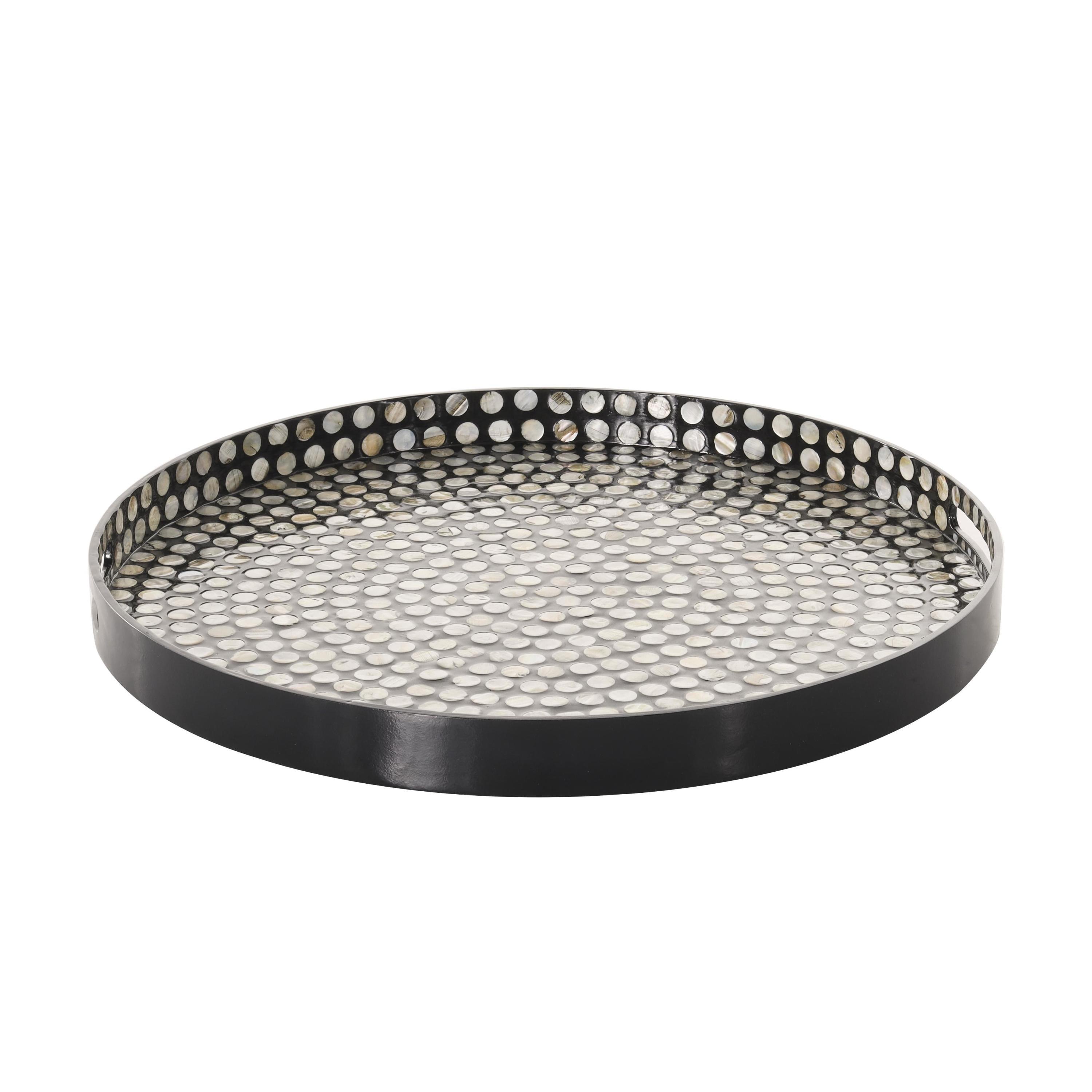 Olivia & May 3" x 24" Round Lacquer and Shell Tray with Handles Black/White : Coastal Style Decorative Platter