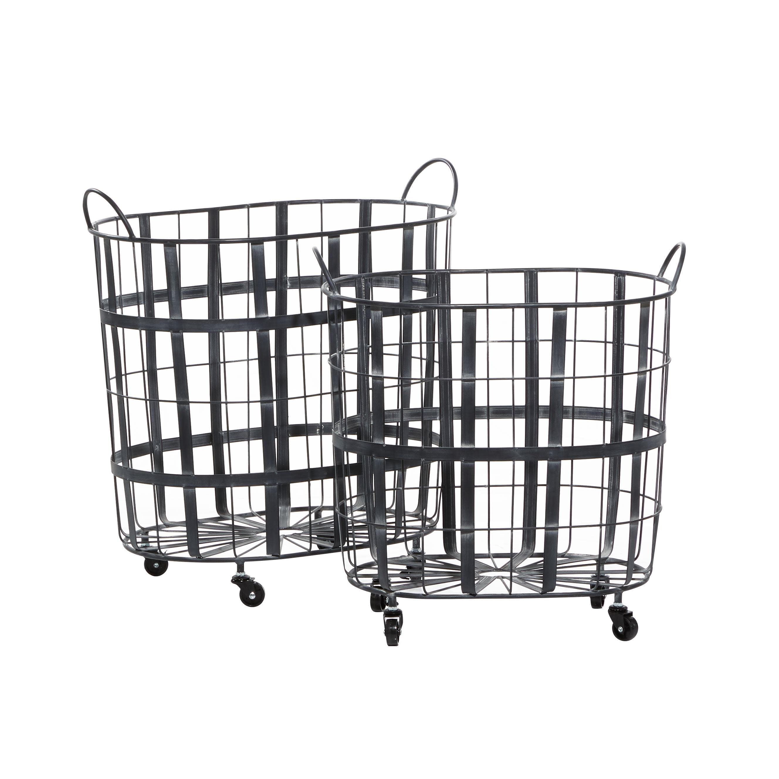 Industrial Black Metal Oval Storage Basket Set with Wheels