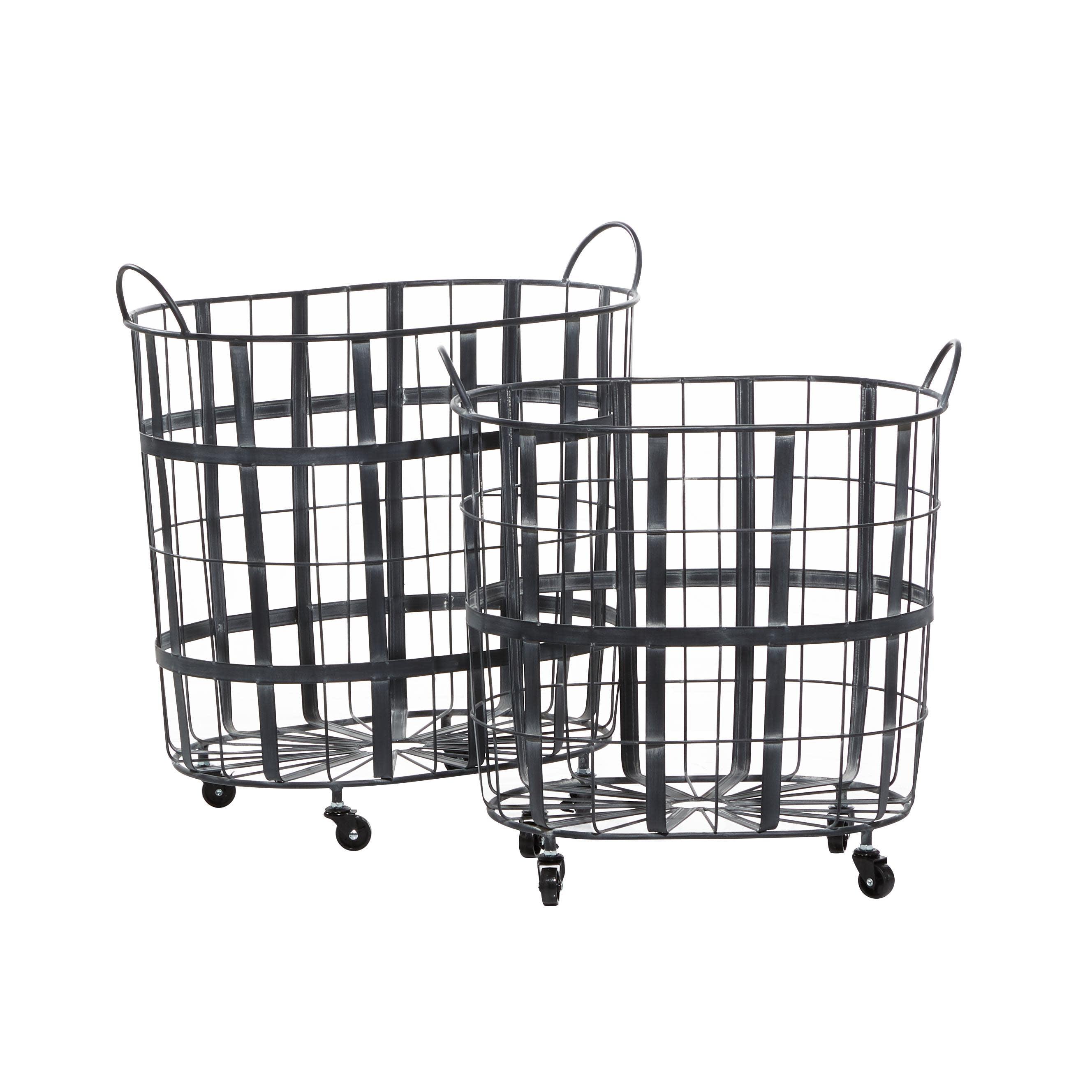 DecMode 25", 22"H Black Metal Wire Grid Storage Basket with Wheels and Handles, 2-Pieces