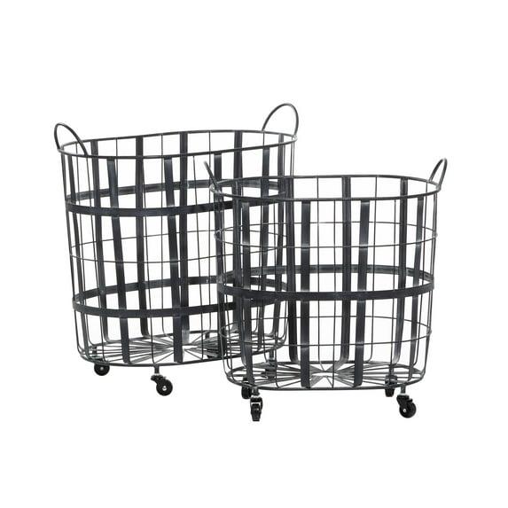 DecMode 25", 22"H Black Metal Wire Grid Storage Basket with Wheels and Handles, 2-Pieces
