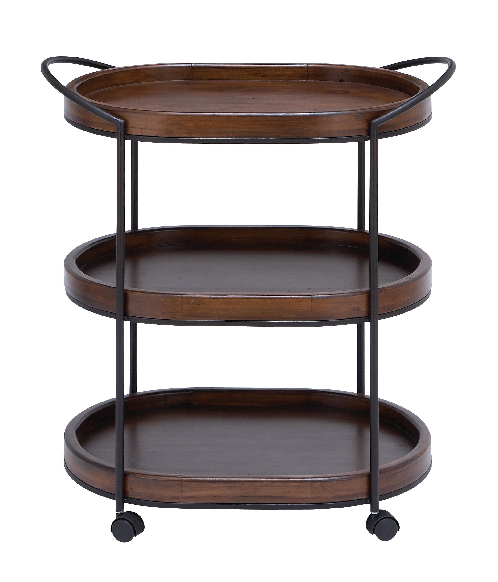 Brown Pine and Iron 3-Tier Rolling Bar Cart