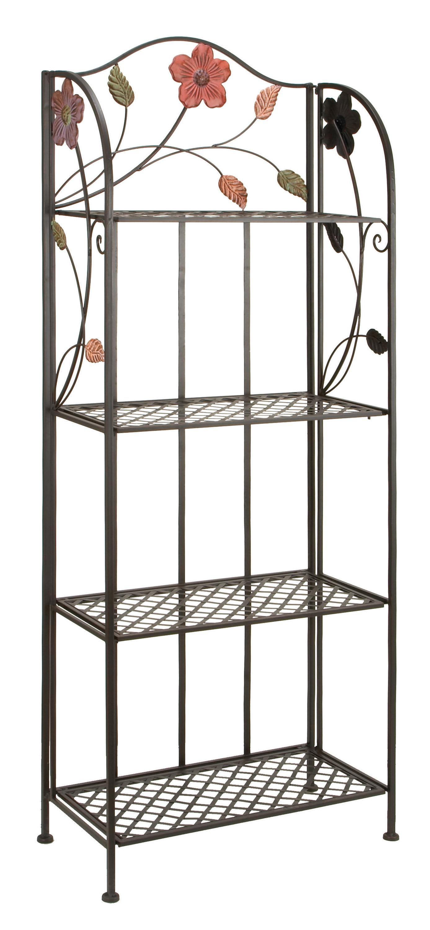 Black Metal Floral Tall Folding Bakers Rack with 4 Shelves