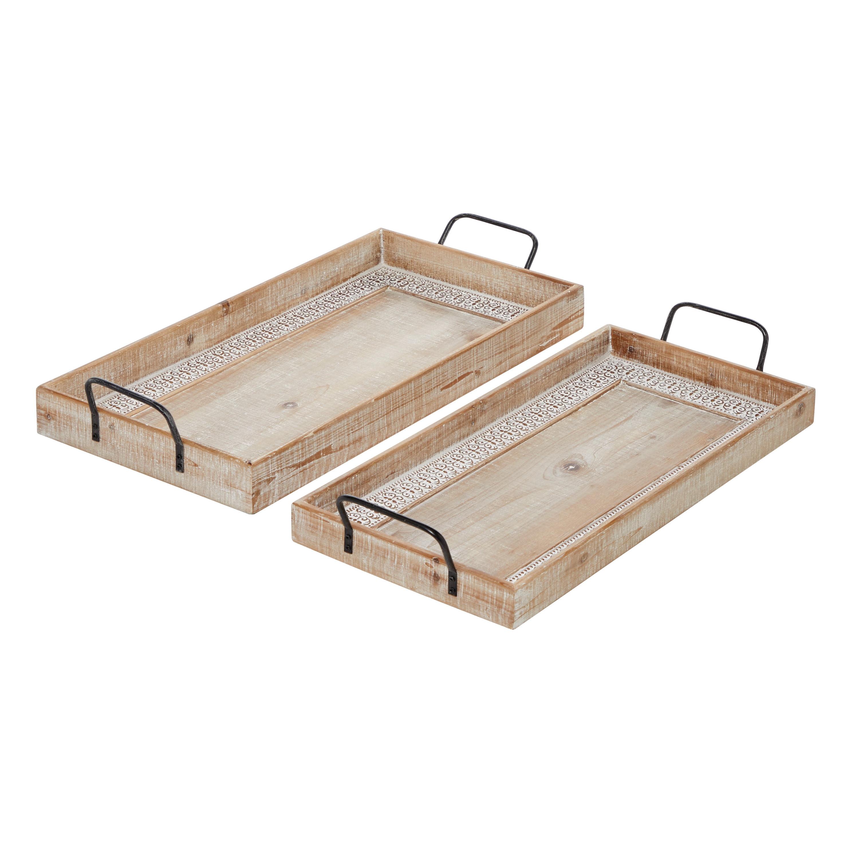 Olivia & May Set of 2 Rectangular Wood Tray with Inlay and Metal Handles Black : Bohemian Carved, Indoor Use Decor