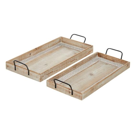 Olivia & May Set of 2 Rectangular Wood Tray with Inlay and Metal Handles Black : Bohemian Carved, Indoor Use Decor